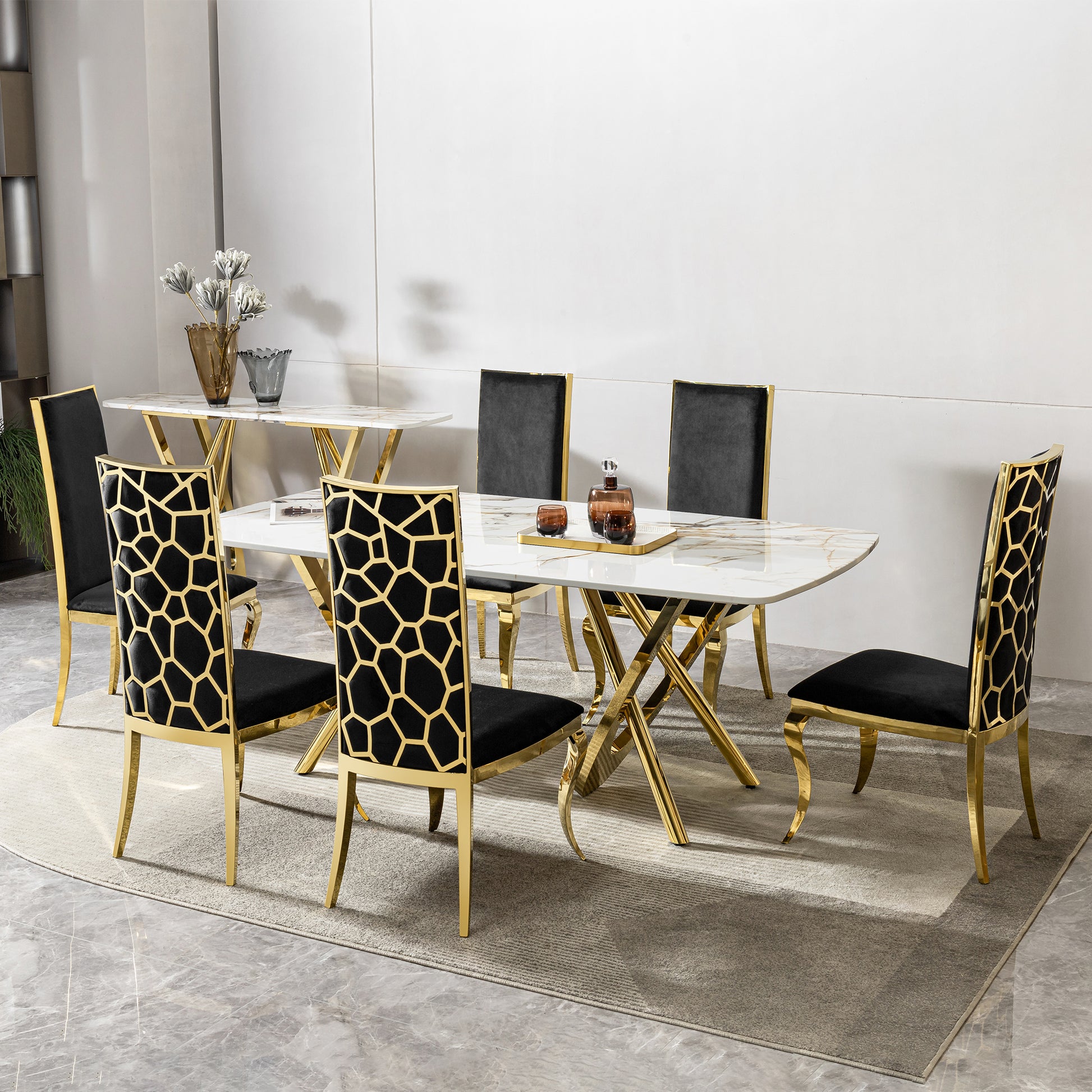 Mdf Marble Pattern Dining Table With Gold Stainless Steel Base, Rectangular Shape Seats 6 8 People Gold Seats 6 Dining Room Modern Kitchen & Dining Tables Rectangular Stainless Steel