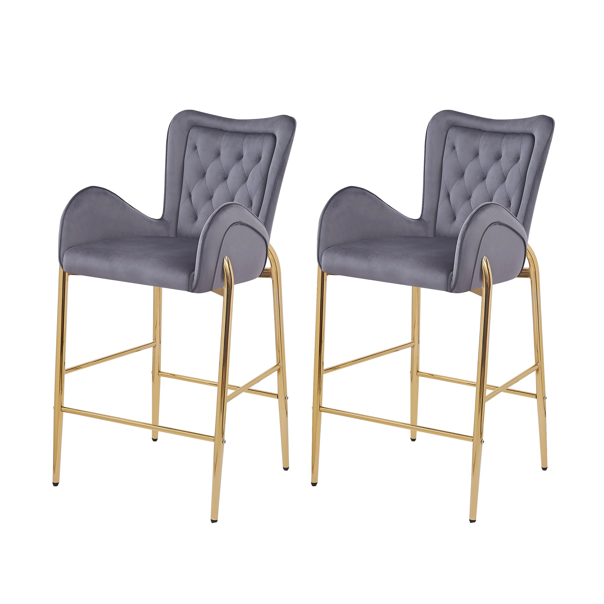 28.75Inch Counter Height Bar Stools Set Of 2, Bar Height Arm Chairs, Velvet Fabric Stools With Golden Legs And Footrests,Gray Solid Kitchen Tufted Back Set Of 2 Wood Gray Powder Coated Foam Spot