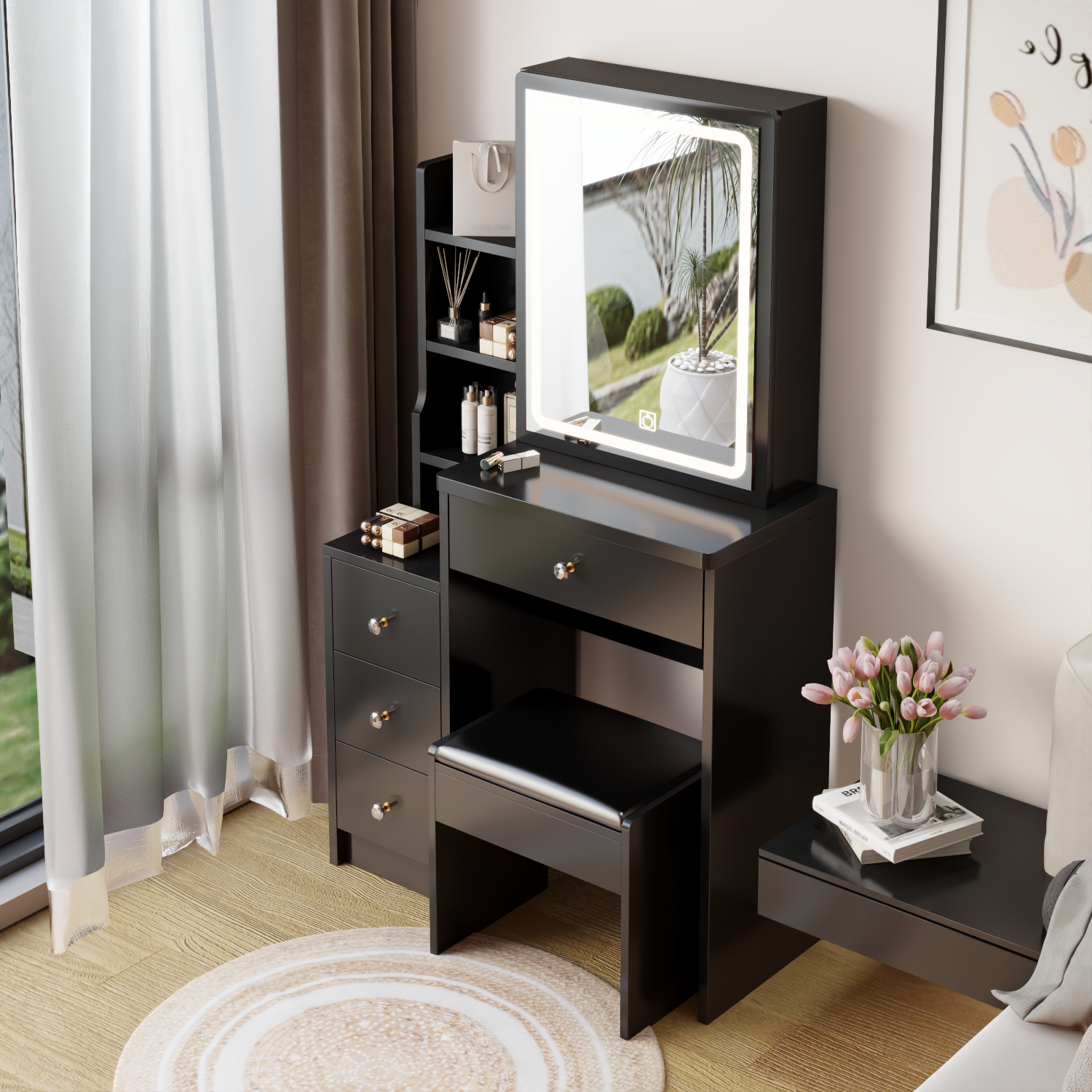 Small Space Left Bedside Cabinet Vanity Table Cushioned Stool, Extra Large Touch Control Sliding Led Mirror, Tri Color Switching, Brightness Adjustable, Suitable For Girls No More Than 5.6Ft Tall Black American Design Mdf