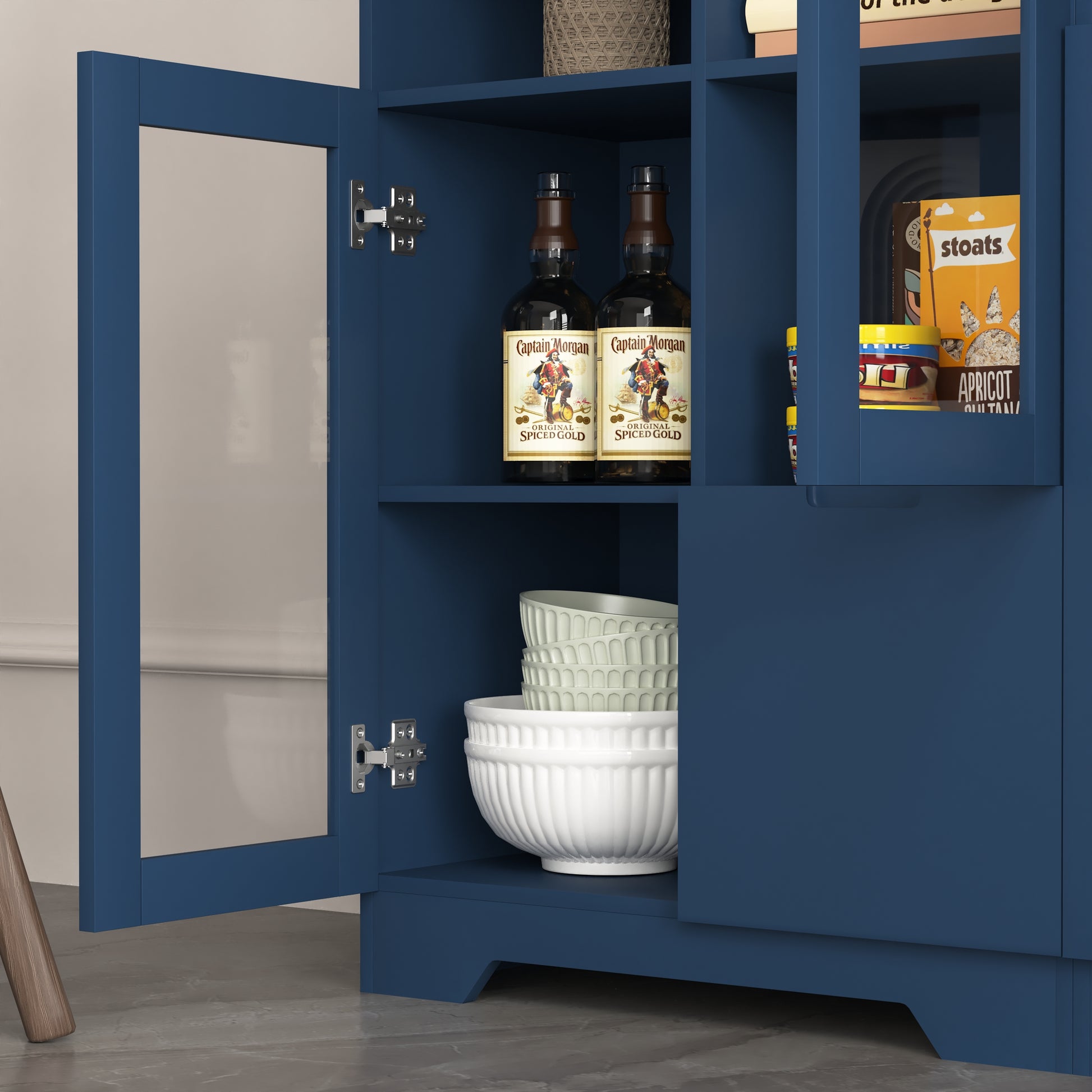 Wooden Floor Cabinet With 2 Glass Doors And 2 Storage Space,Blue Living Room Bathroom Entryway Blue Mdf