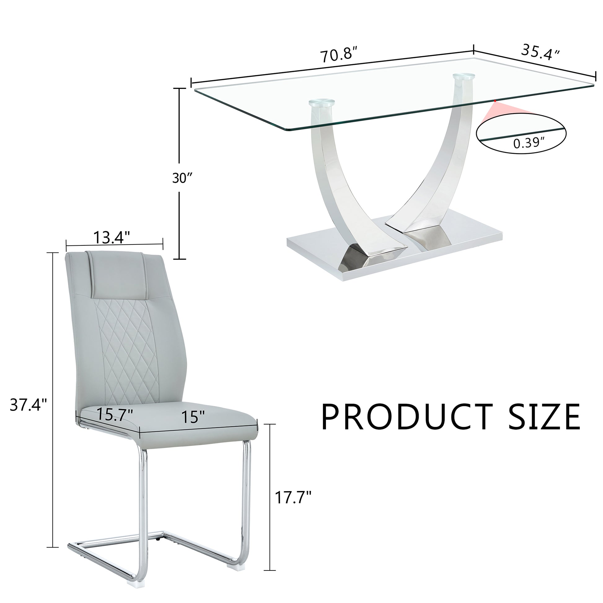 Table And Chair Set.Contemporary, Minimalist Rectangular Dining Table Featuring A Clear Tempered Glass Top And Sleek Silver Legs. Paried With Chairs Made Of Pu Material Cushion And Silver Metal Legs. Gray Seats 6 Glass Metal