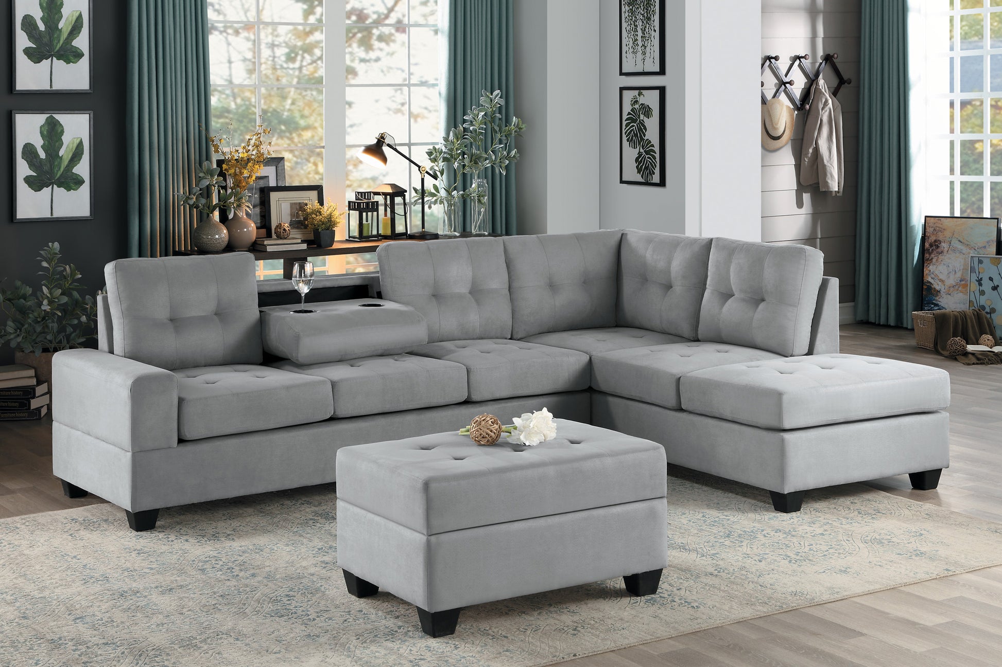 Modern Living Room 2 Piece Reversible Sectional With Drop Down Cup Holders Sofa Chaise Gray Microfiber Upholstered Tufted Details Gray Microfiber Wood Primary Living Space Modern L Shaped Plywood,Solid Wood 6 Seat