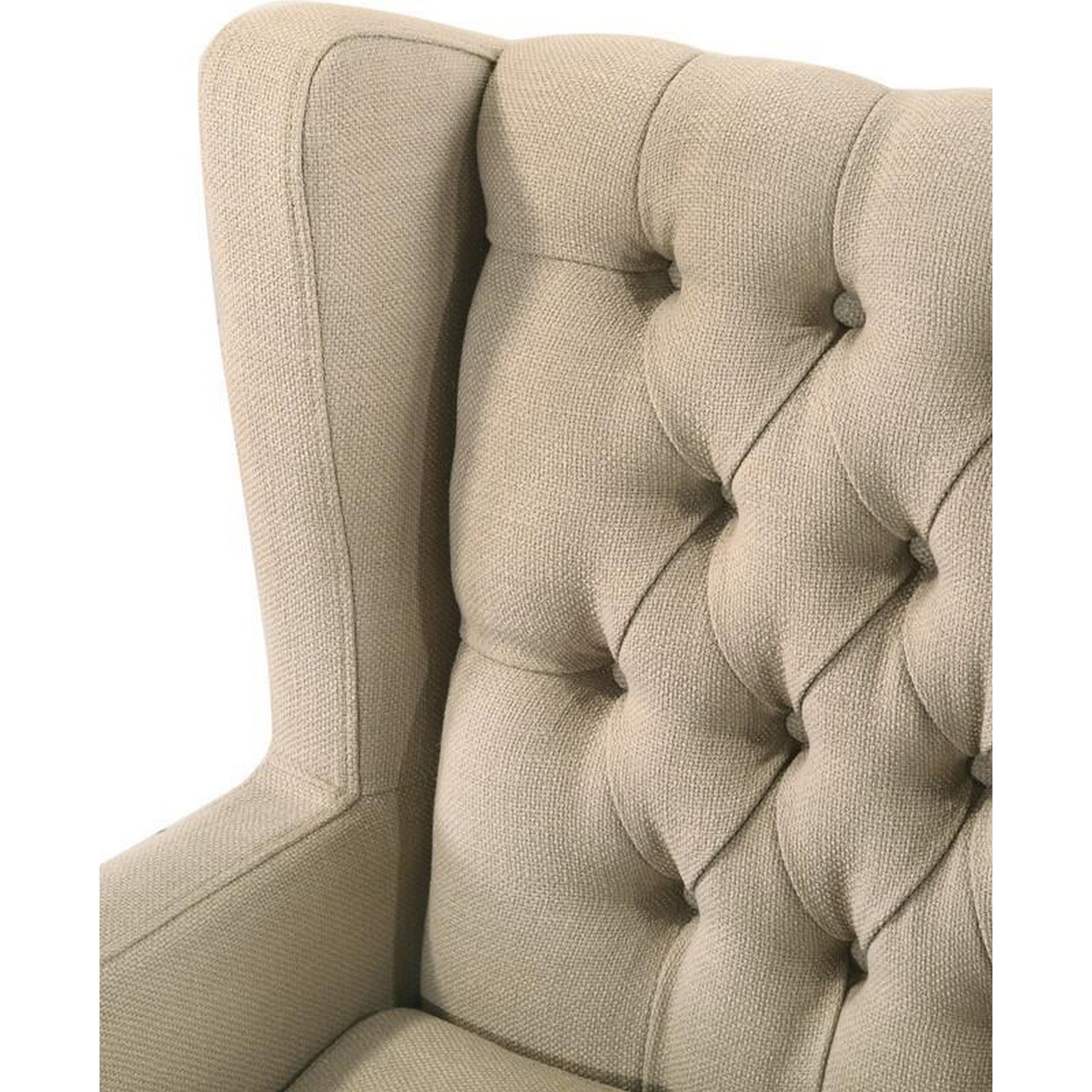 Keva 31 Inch Accent Chair, Deep Button Tufted Wingback, Soft Beige Fabric Beige Wood Fabric