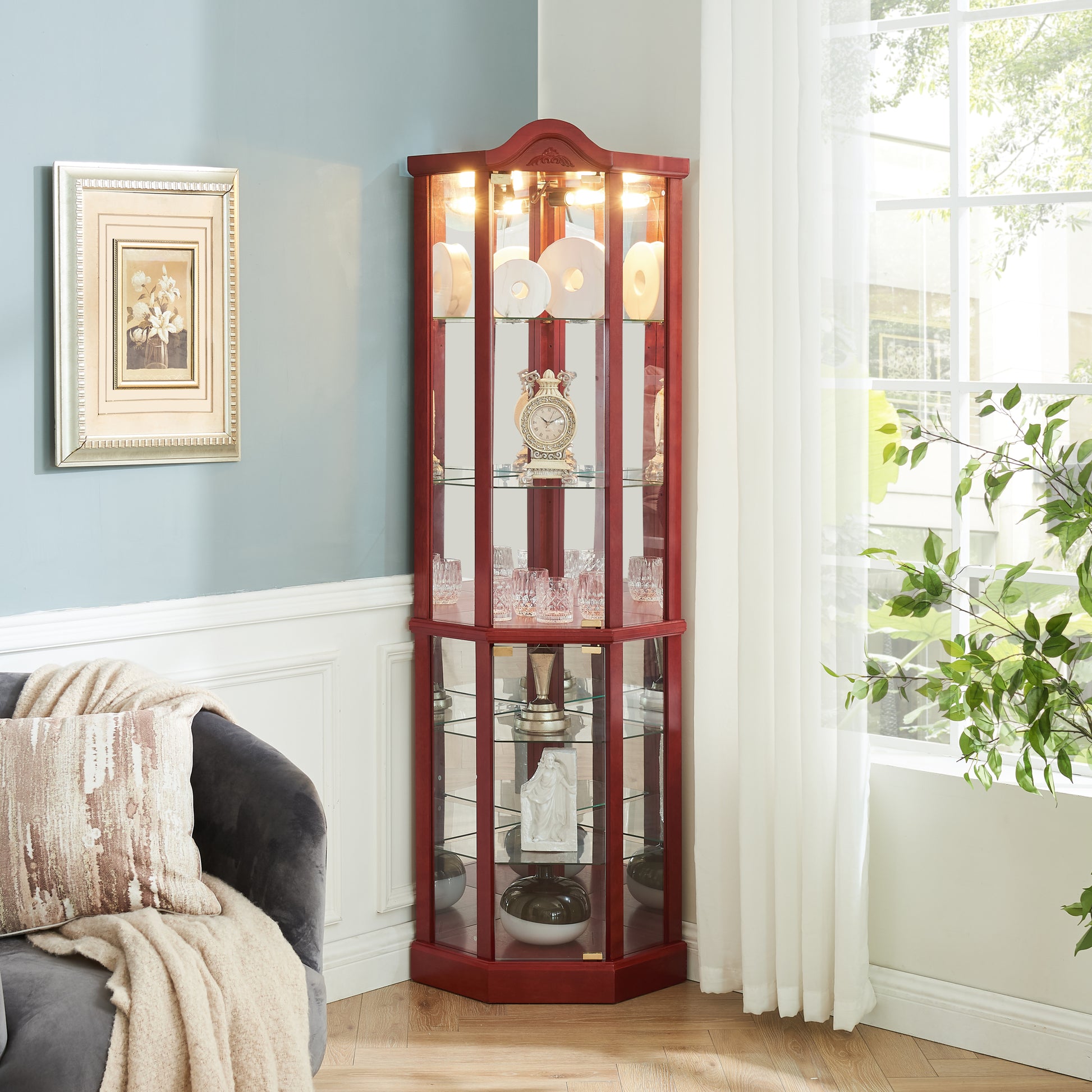 Glass Cabinet Lighted Corner Cabinet Corner Display Curio Cabinet, Glass Display With Light Included Bar Cabinet,Wine Cabinet With Adjustable Glass Shelves Carved Decoration Cherry Light Included Cherry Mdf Glass