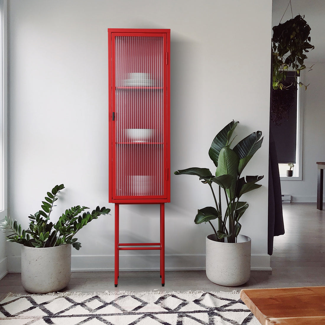 Retro Style Freestanding Metal Tall Display Cupboard With Glass Door And Three Detachable Shelves For Office, Living Room, Kitchen Console Sideboard,Bedside Entryway Red Old Sku:W68751719 Red Steel