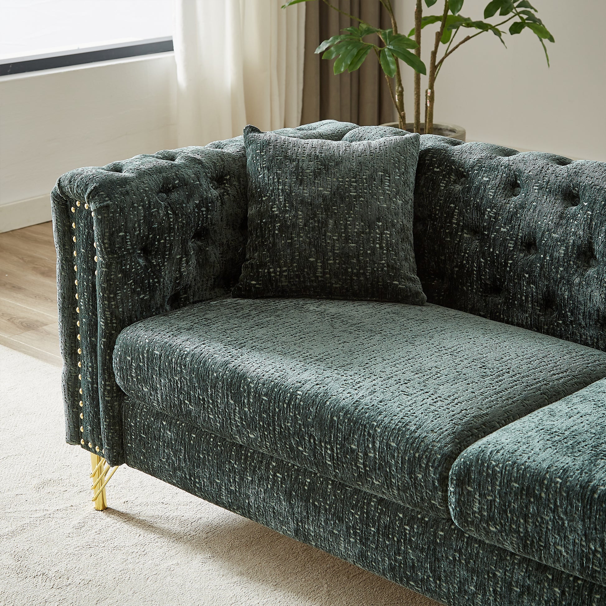 Chenille Pull Buckle Design Sofa For Living Room,Buttons Tufted With Copper Nail Decoration Armrest, Modern Couch Upholstered Button And Metal Legs Green Foam Chenille 5 Seat