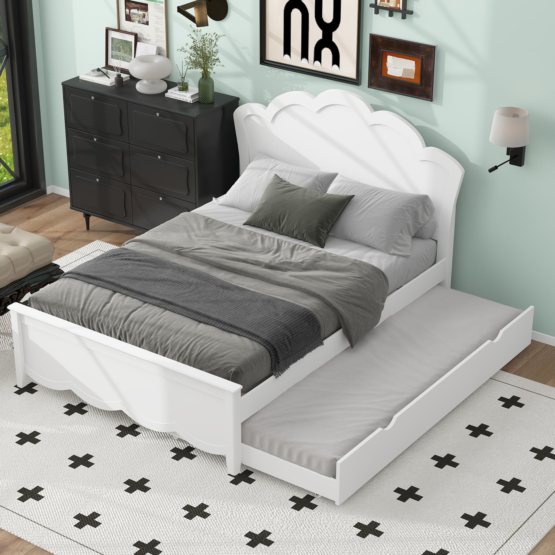 Full Size Wood Platform Bed With Headboard And Twin Size Trundle, White Box Spring Not Required Full White Wood Bed Frame Solid Wood Mdf