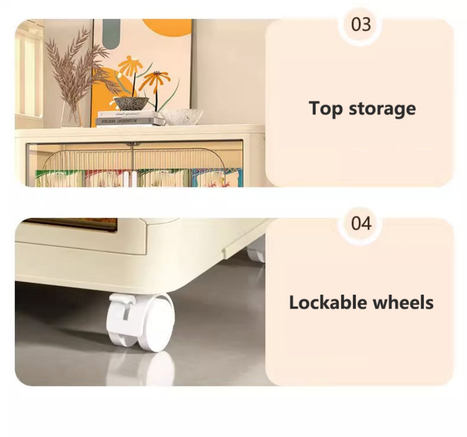 19.69" Side Wide Folding Storage Cabinet ,5 Tiers,19.69" 11.81" 50.00",Collapsible Storage Bins With Magnetic Door, Plastic Storage Cabinet With Wheels, Closet Organizers And Storage Containers Cream White Plastic