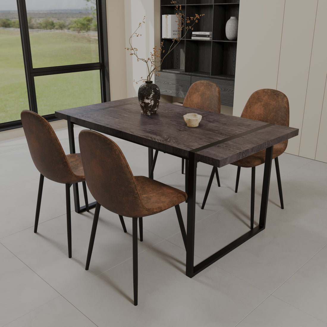 Mdf Black Wooden Dining Table And Modern Dining Chair Set Of 4 Pieces, Medieval Wooden Kitchen Dining Table Set, Black Rectangular Metal Base, Dining Table And Suede Chair Set Black Brown Mdf