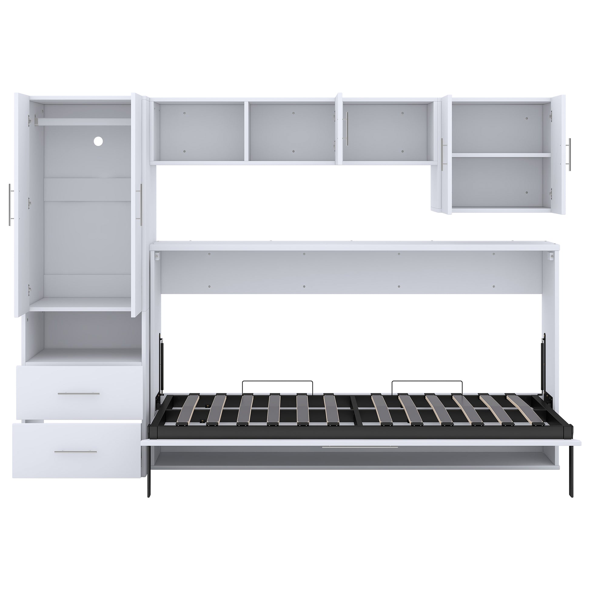 Twin Size Murphy Bed With Open Shelves And Storage Drawers,Built In Wardrobe And Table, White Twin White Solid Wood Mdf