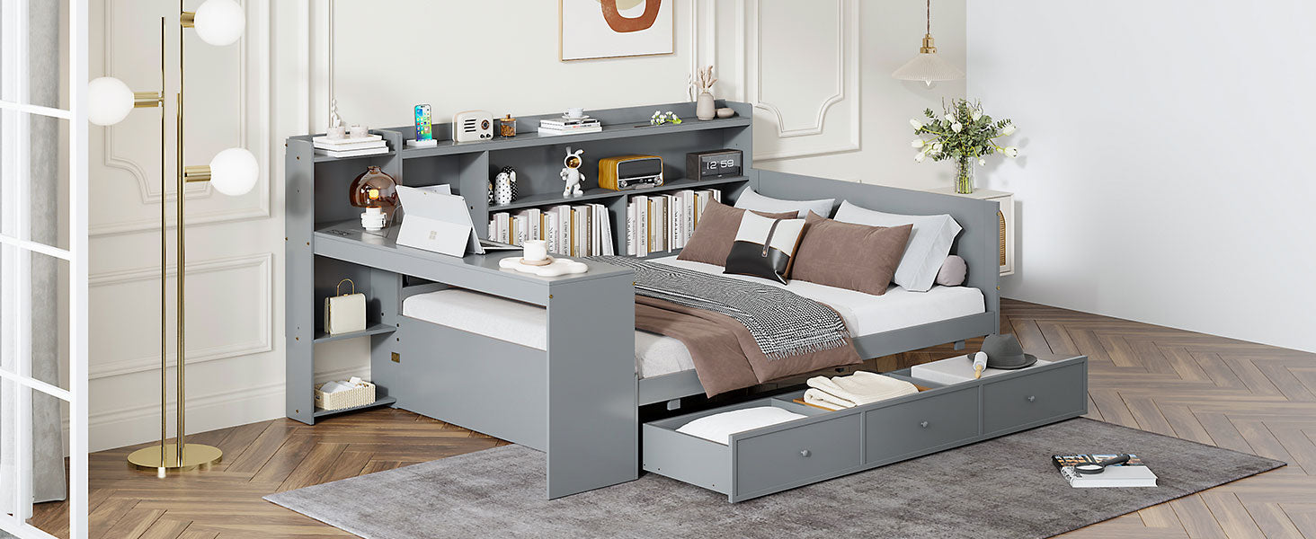 Full Size Wooden Daybed With 3 Drawers, Usb Ports And Deskgray Full Gray Wood