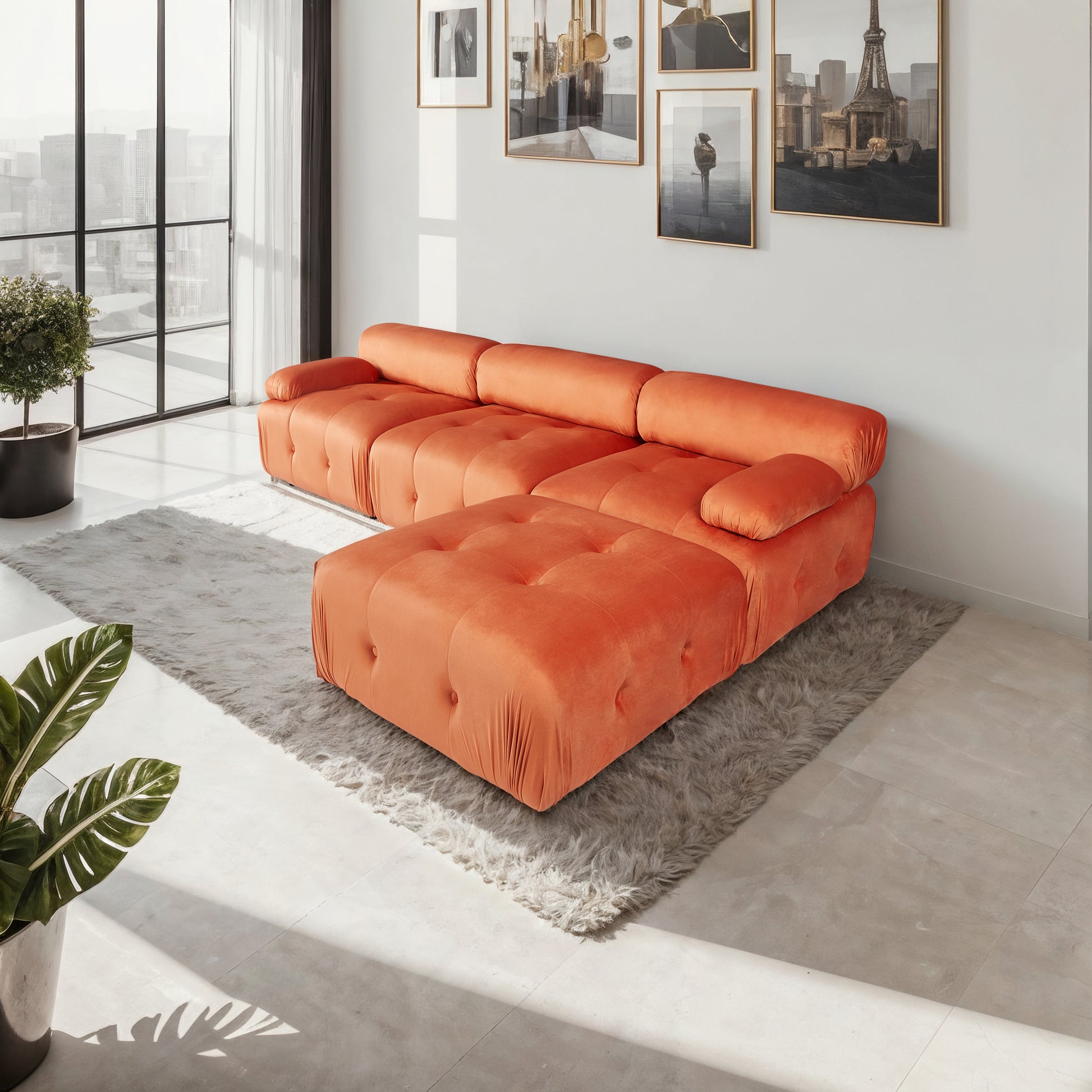 Modular Sectional Sofa Couch, Modern L Shaped Cloud Couch With Reversible Ottoman Convertible Button Tufted Velvet Fabric Couches For Living Room, Diy Combination,Orange Orange Velvet 4 Seat