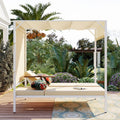 Outdoor Patio Sunbed Daybed With Cushions, Adjustable Seats Beige Steel