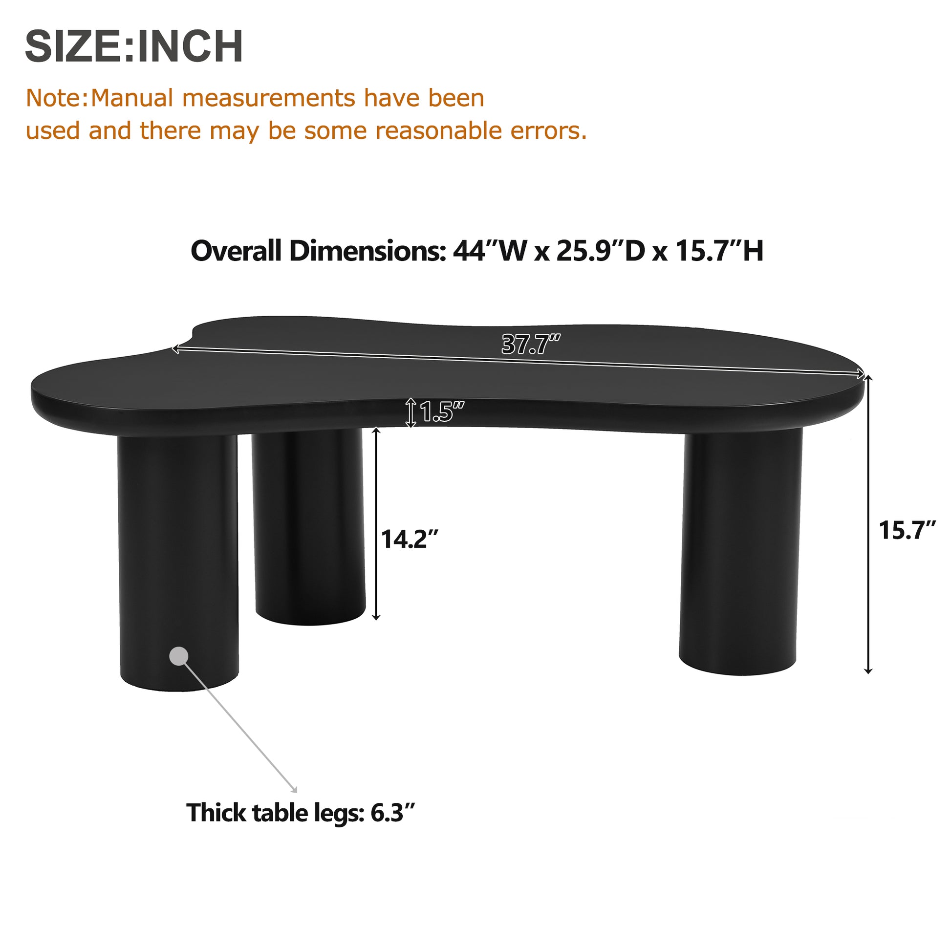 44'' X 25.9'' Easy Assembly Cloud Coffee Table With 1.5'' Thick Tabletop, Cream Style Irregular End Table With 3 Sturdy Legs, Sleek Center Table With Round Edge For Living Room, Black Black Mdf