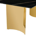 Table And Chair Set.The Table Has A Glass Top With Imitation Marble Pattern Stickers And Stainless Steel Golden Legs. Paried With Chairs With Pu Artificial Leather Backrest Cushions And Black Legs. Black Gold Seats 6 Glass Metal