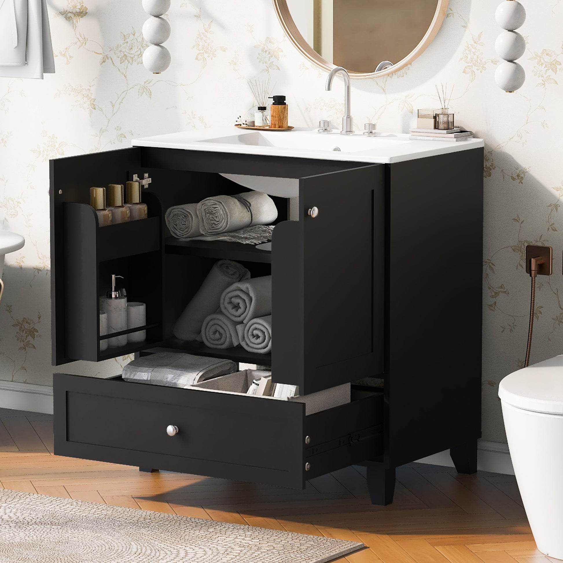 30" Black Bathroom Vanity Set With Ceramic Sink And Large Storage Space Ideal For Small Bathrooms Black Bathroom Solid Wood Mdf