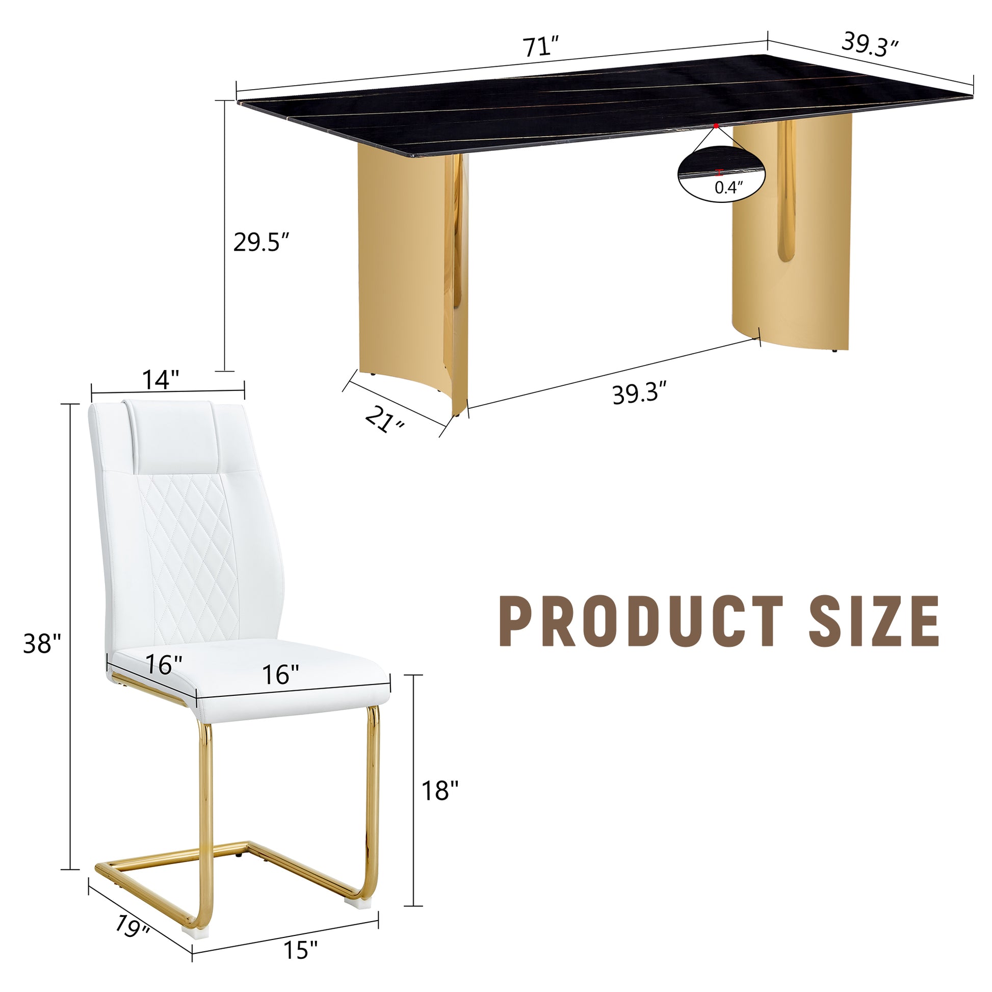 Table And Chair Set.The Table Has A Glass Tabletop With Imitation Marble Pattern Stickers And Stainless Steel Golden Table Legs. Paried With Comfortable Chairs With Pu Seats And Metal Legs. Gold Black Seats 6 Glass Metal