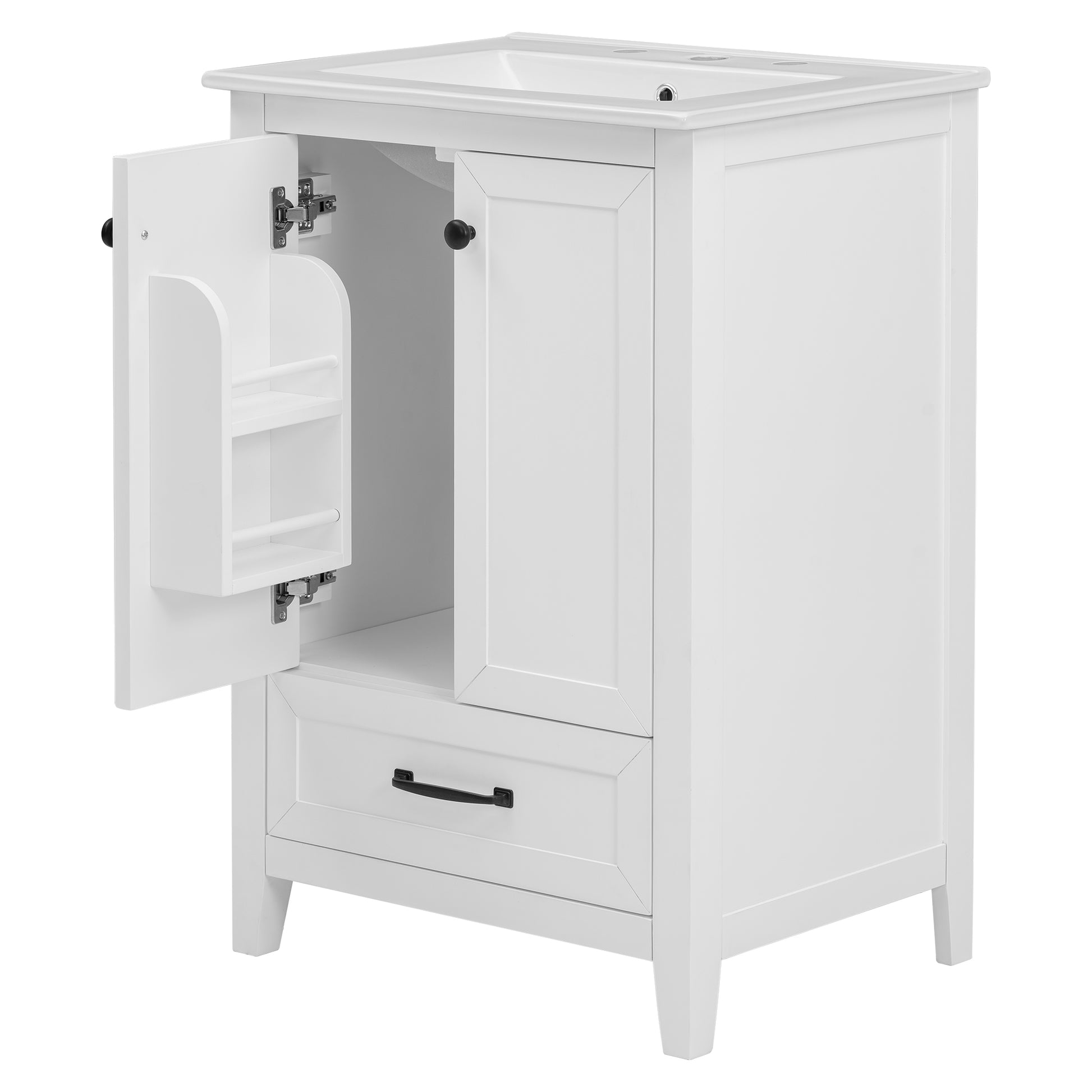 24" Bathroom Vanity With Sink, Bathroom Vanity Cabinet With One Drawer And Doors, Solid Wood And Mdf, White White Solid Wood Mdf