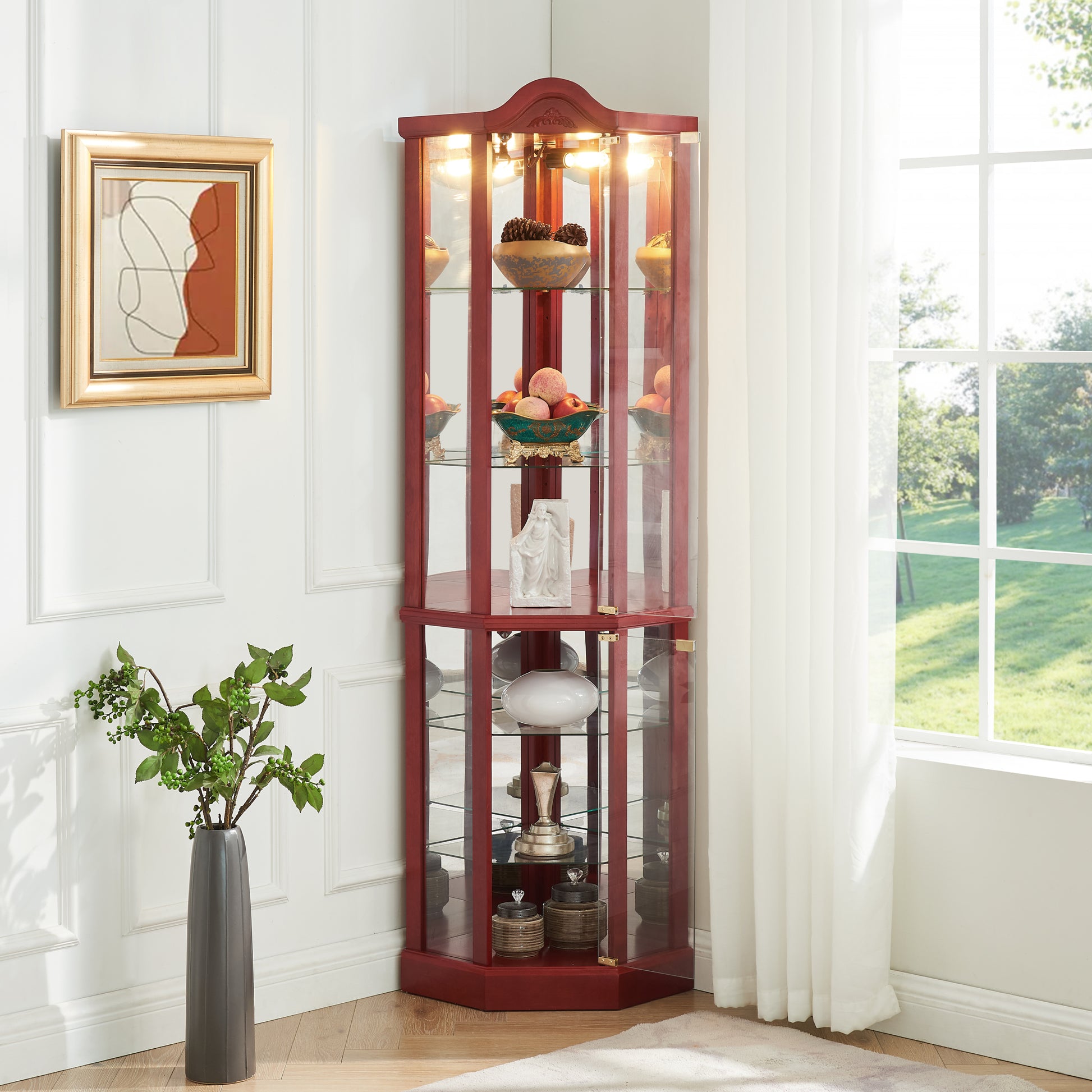 Glass Cabinet Lighted Corner Cabinet Corner Display Curio Cabinet, Glass Display With Light Included Bar Cabinet,Wine Cabinet With Adjustable Glass Shelves Carved Decoration Cherry Light Included Cherry Mdf Glass