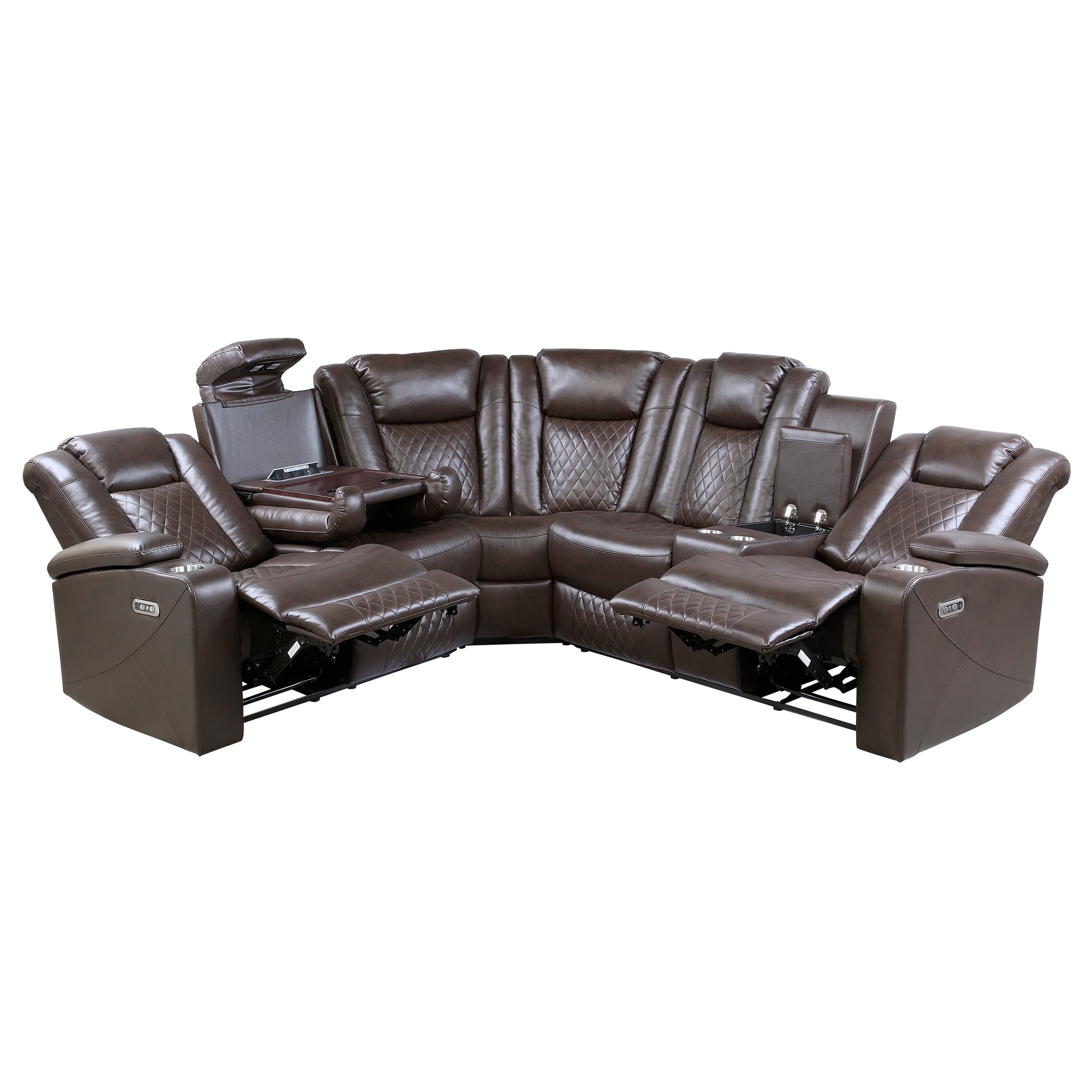 Luxury Living Room 3 Piece Power Reclining Sectional With Drop Down Cup Holders, Reading Lights, Console, Storage Arms With Cup Holders, Plush Seating, Premium Faux Leather Upholstery Dark Brown Faux Leather Wood Primary Living Space Luxury,Modern