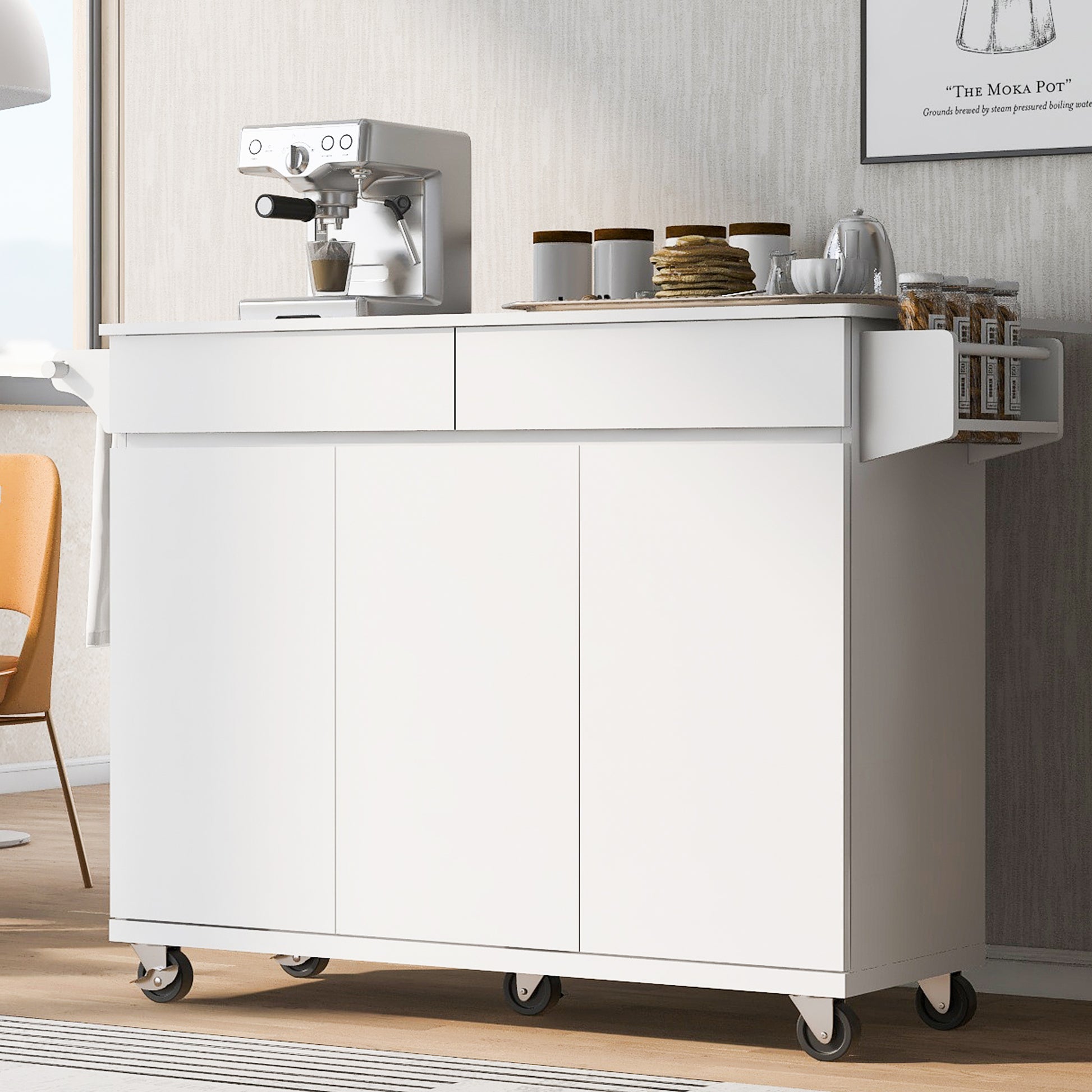 K&K 53.2'' Kitchen Island With Drop Leaf, Kitchen Storage Cart With Spice Rack, Towel Rack And 2 Drawers, Rolling Kitchen Island On Wheels With Adjustable Shelves For Kitchen, Dining Room, White White Brown Kitchen Artsy,Casual,Classic,Minimalist,Modern