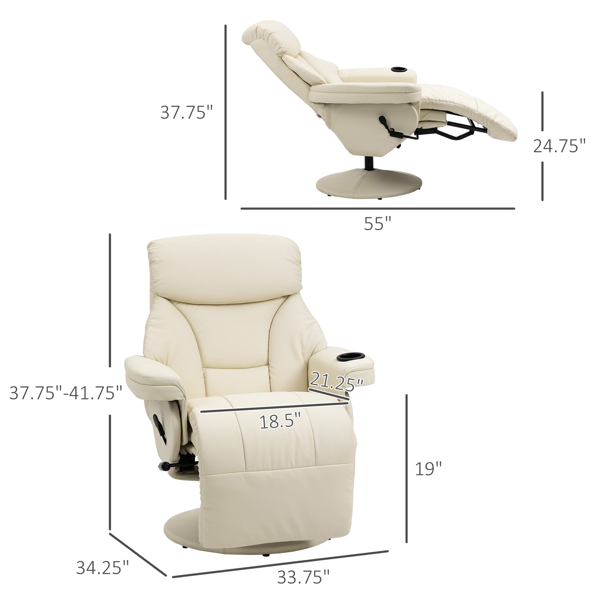Homcom Manual Recliner, Swivel Lounge Armchair With Side Pocket, Footrest And Cup Holder For Living Room, Cream White Cream White Pu Leather