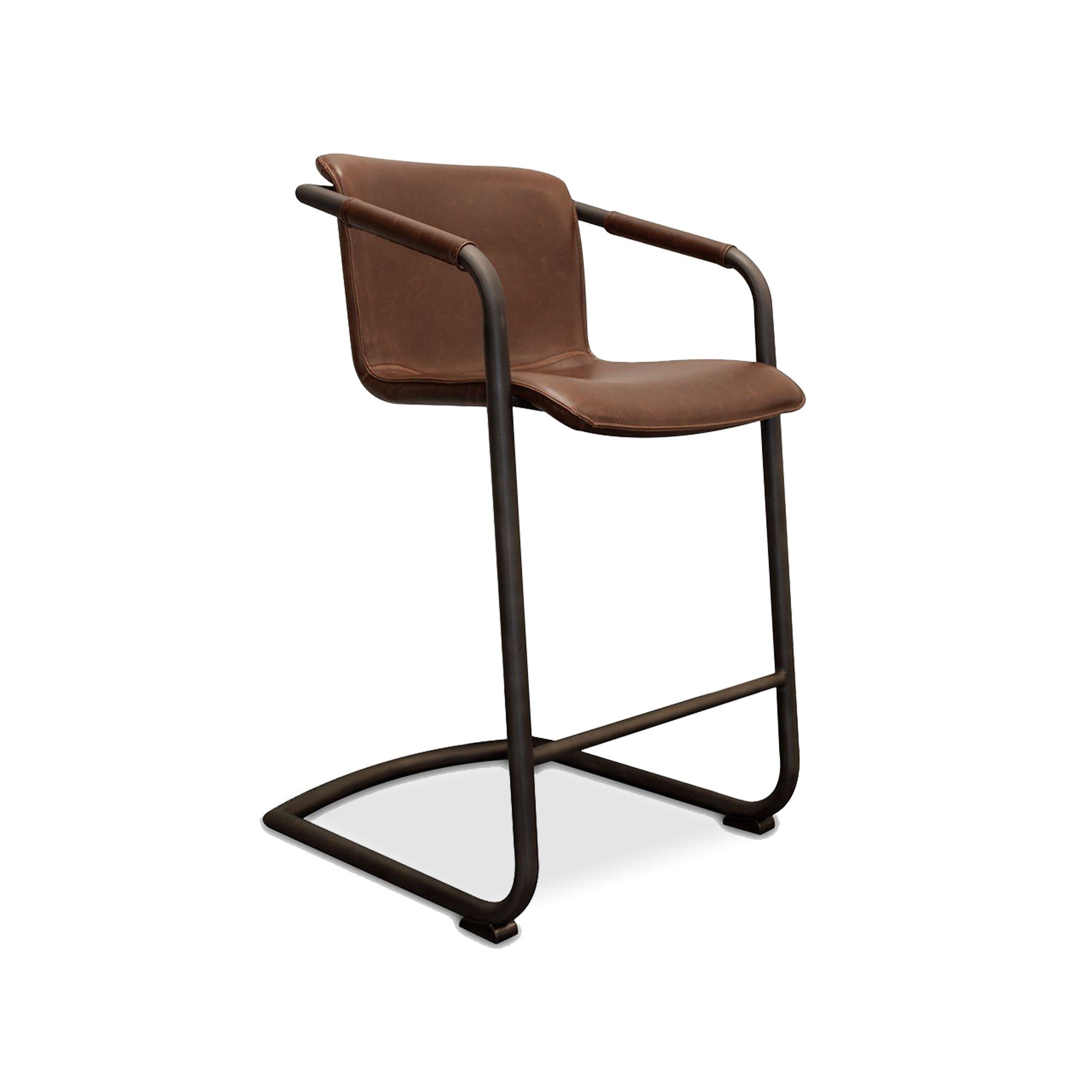 27 Inch Cantilever Counter Stool Chair, Set Of 2, Brown Vegan Faux Leather Brown Black Fabric Metal