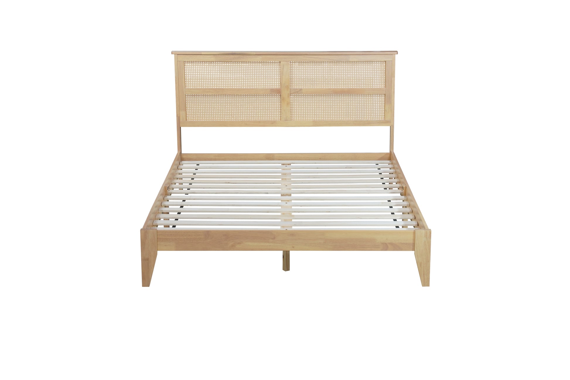 Queen Size Rubber Wooden, Solid Wooden Bed With Rattan Headboard, Enhanced By Support Feet Queen Natural American Design Rubber Wood
