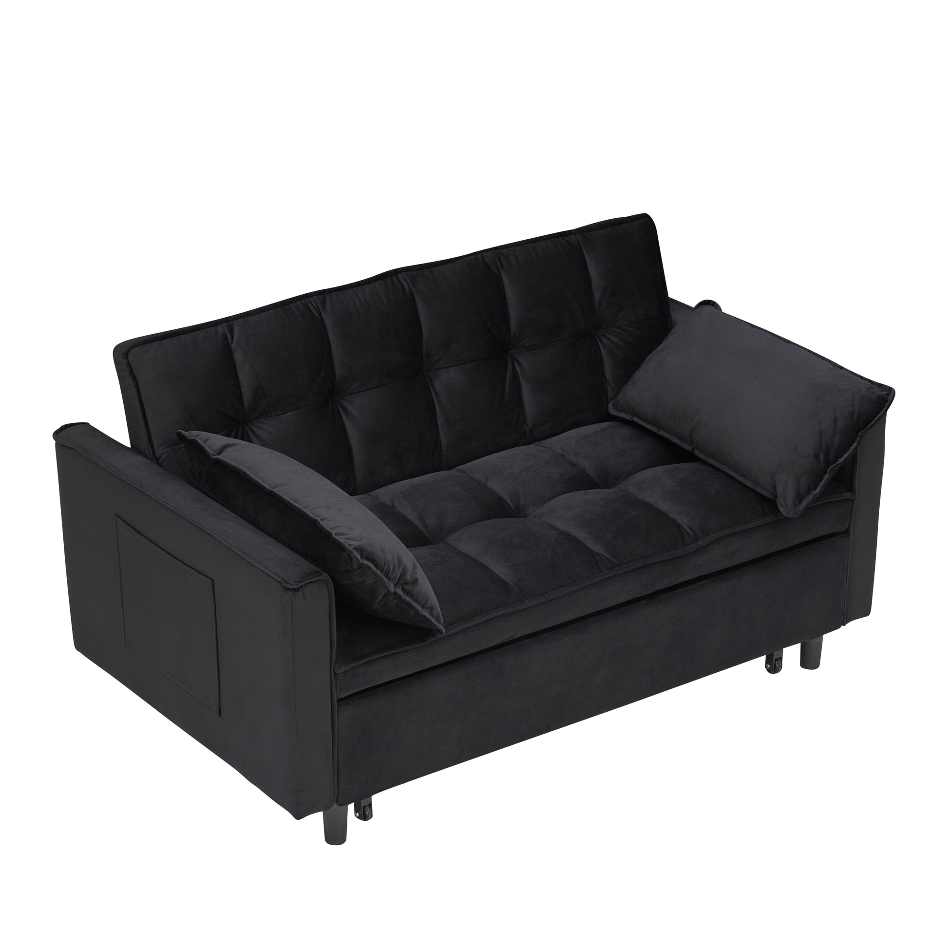 Modern Velvet Sofa, Sofa Pull Out Bed, Smallseat Casual Sofa With Back, With Pillow, Pockets, Living Room Furniture, 3 In 1 Convertible Sleep Sofa Bed. Black Velvet 3 Seat