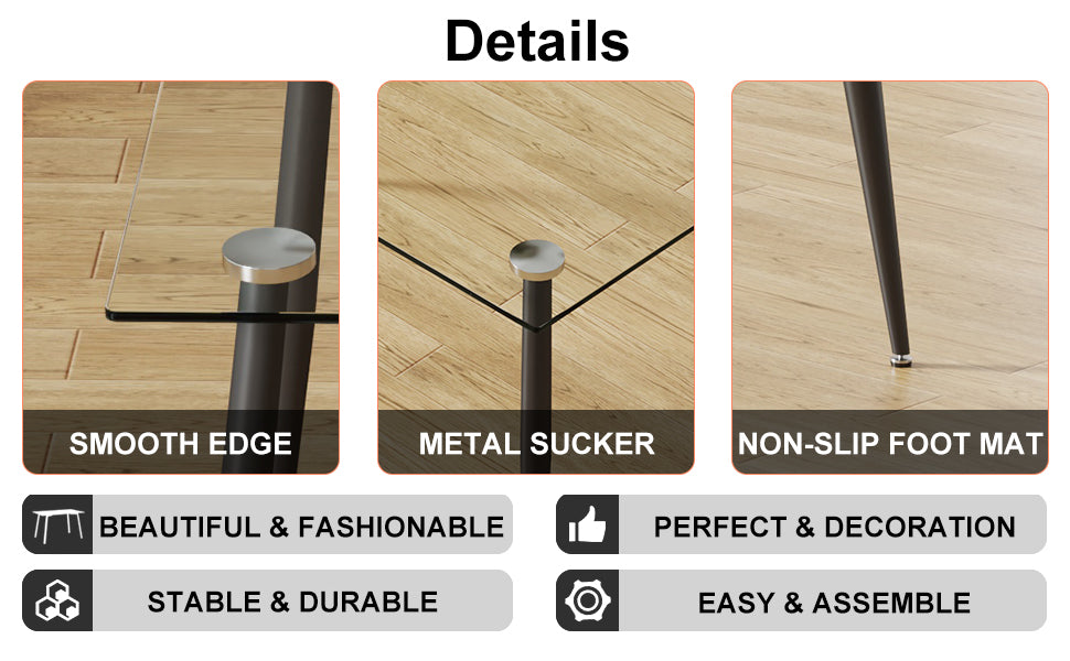 1 Table And 4 Chairs Set.Rectangular Table With Transparent Tempered Glass Tabletop And Black Metal Legs.Paired With 4 Chairs With Pu Leather Cushioned Seats And Black Metal Legs.Dt 1544 C 001 Transparent Glass Metal