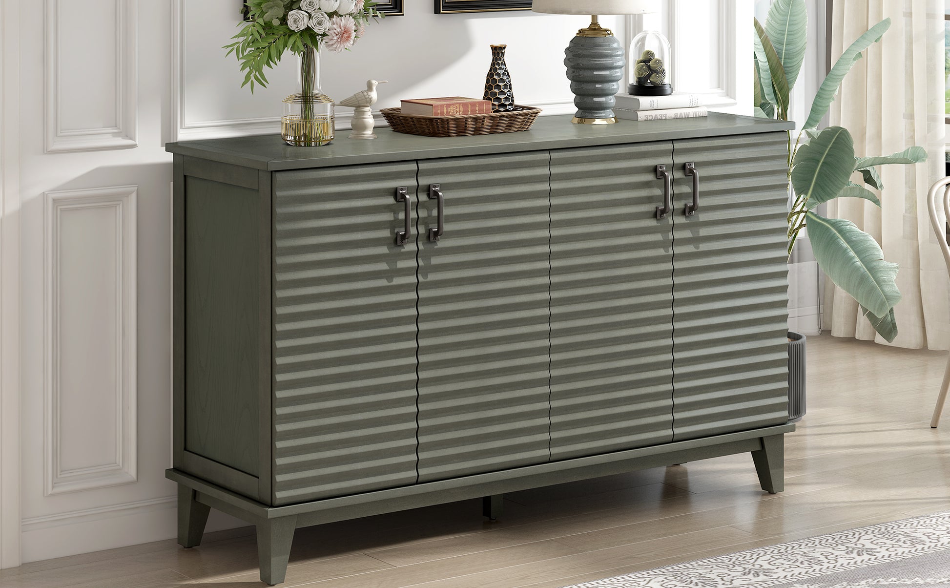 Sideboard With 4 Door Large Storage Buffet With Adjustable Shelves And Metal Handles For Kitchen, Living Room, Dining Room Antique Gray Antique Gray Solid Wood Mdf