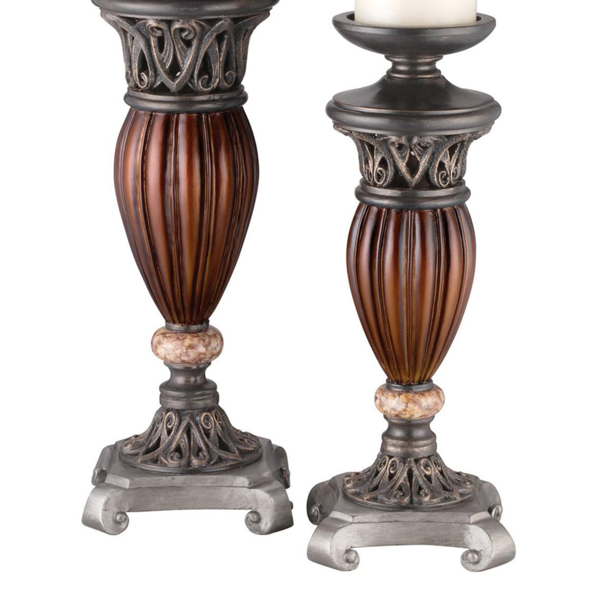 13" And 16" Tall Polyresin Candleholder, Bronze Roman Design Set Of 2 Bronze Polyresin
