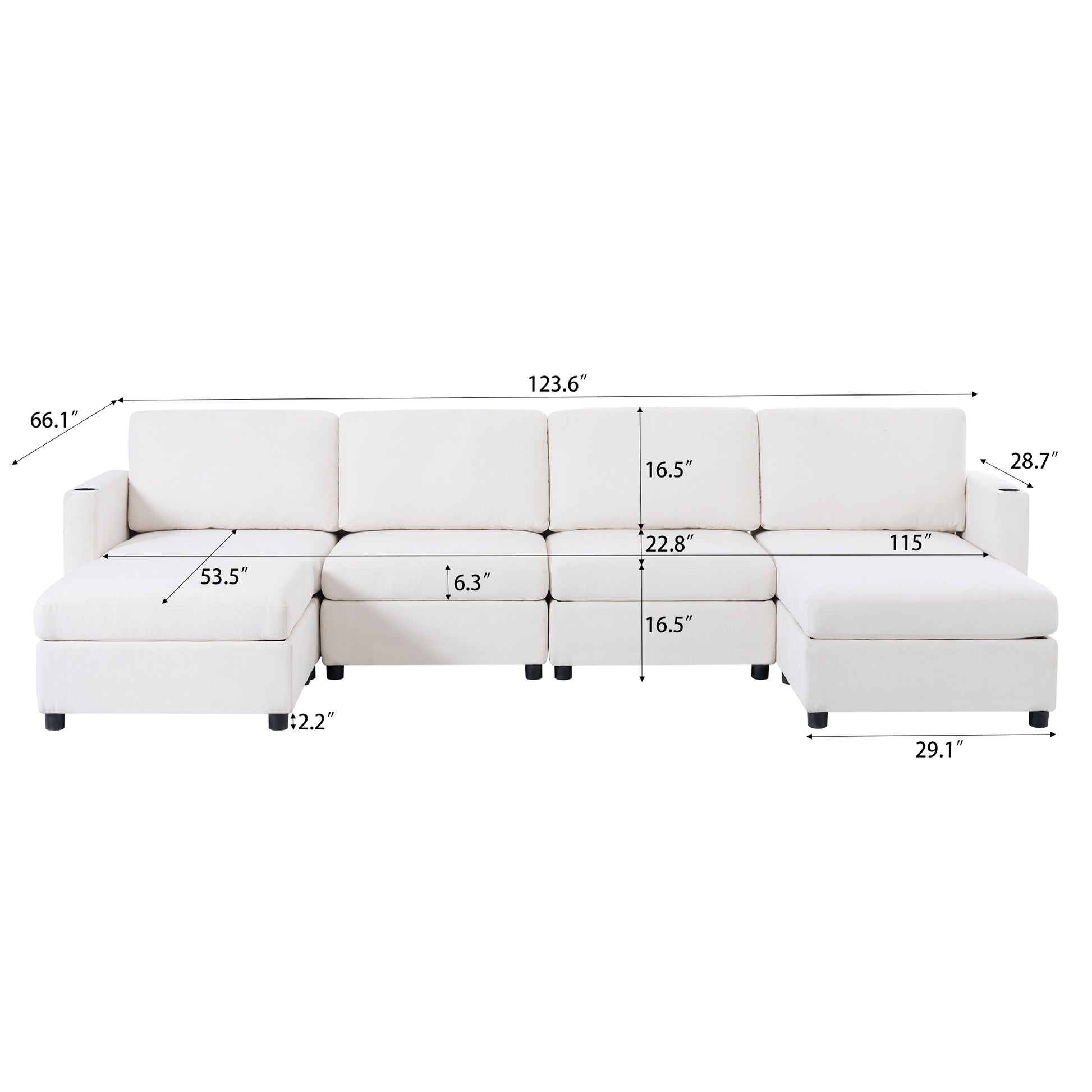 Modern Large Sectional Sofa, U Shape Modular Sectional Couch With Storage Function,123" Sofa Bed With Ottoman,6 Seat Sectionals Chaise For Living Room,Chenille Antique White Fabric 6 Seat