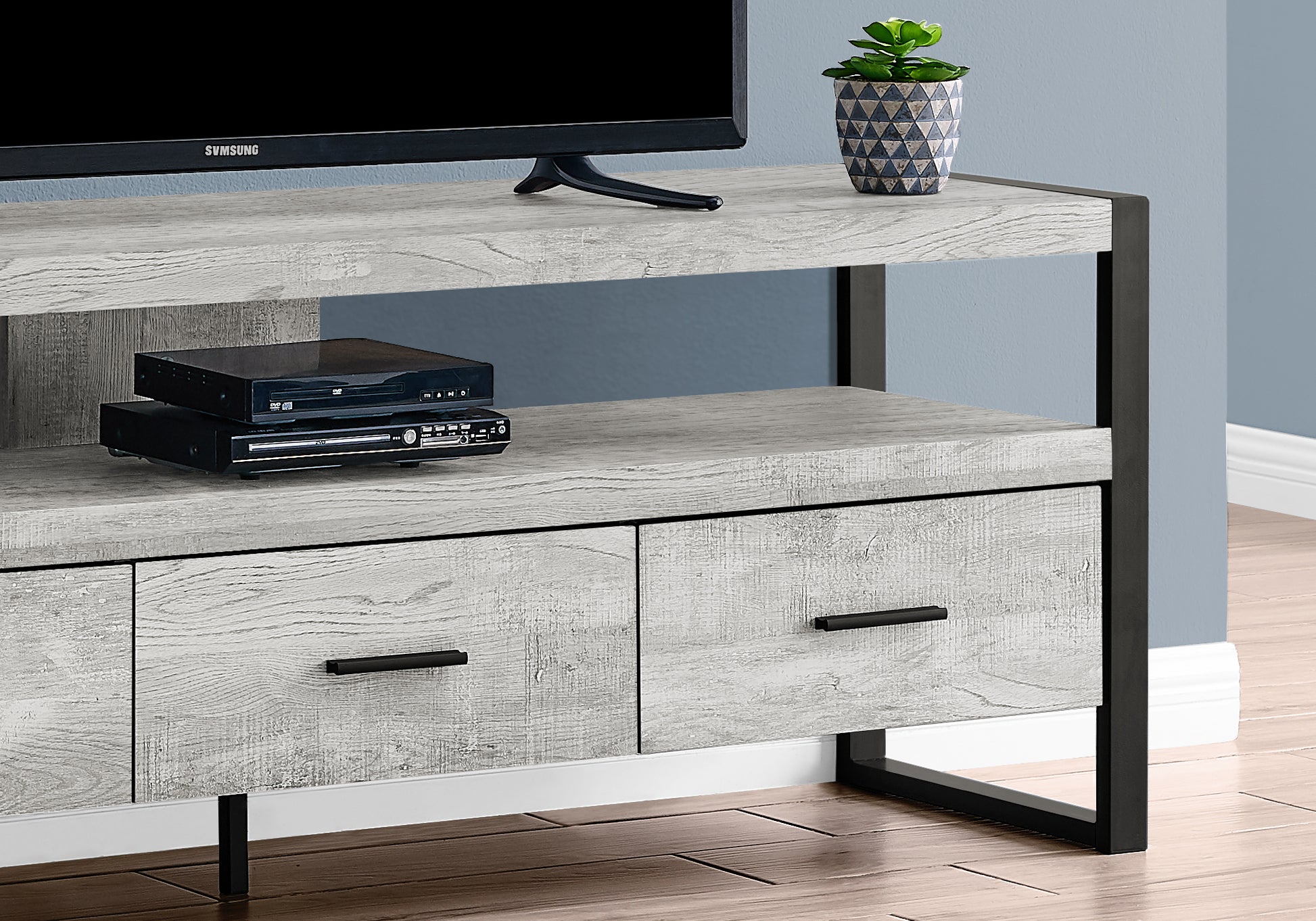 Tv Stand, 60 Inch, Console, Media Entertainment Center, Storage Drawers, Living Room, Bedroom, Grey Laminate, Black Metal, Contemporary, Modern Grey 80 89 Inches Particle Board