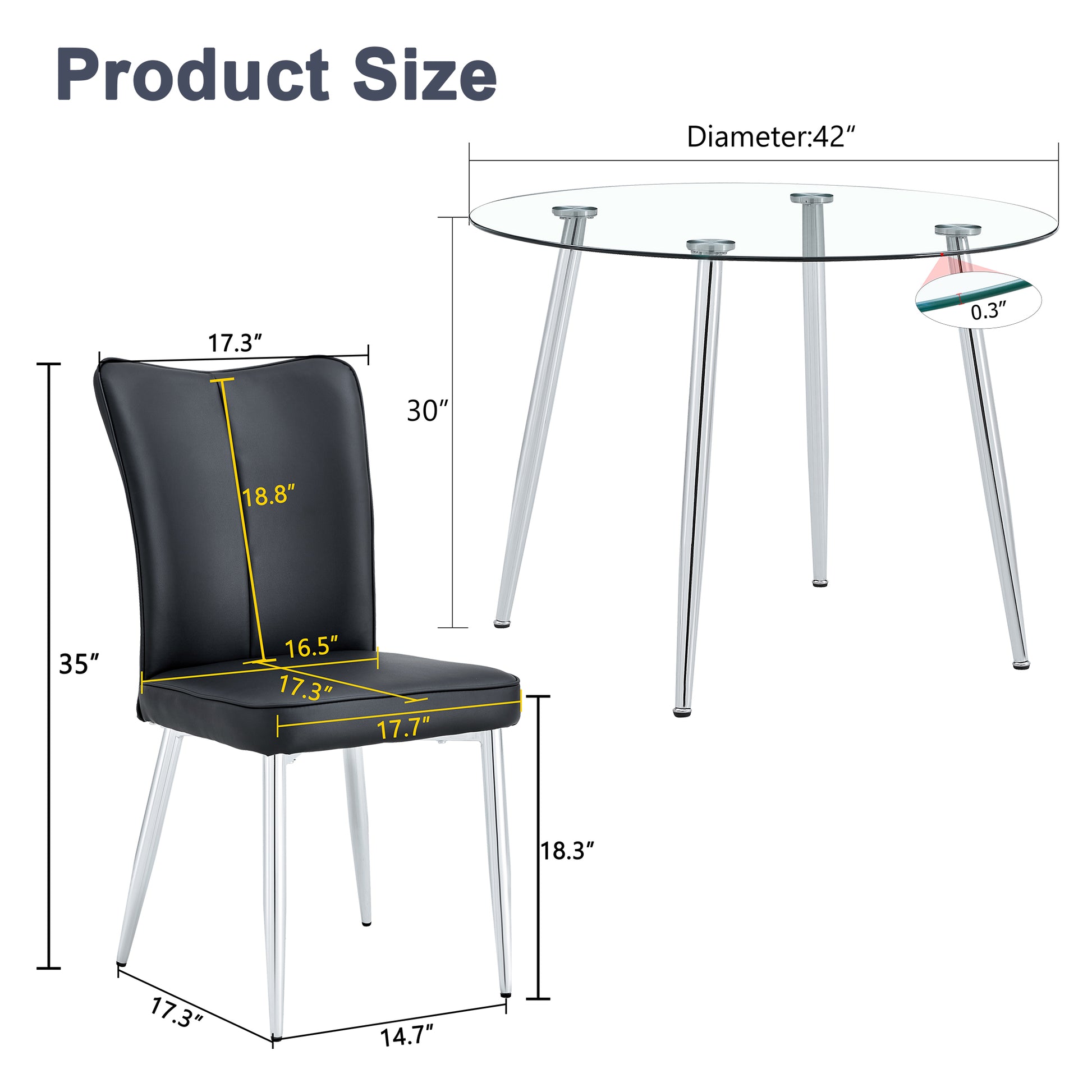 Table And Chair Set.A Modern Minimalist Round Dining Table With Transparent Tempered Glass Top And Silver Metal Legs,Paried With 4 Chairs With Pu Backrest And Seat Cushion And Silver Metal Legs. Black,Transparent Seats 4 Glass Metal