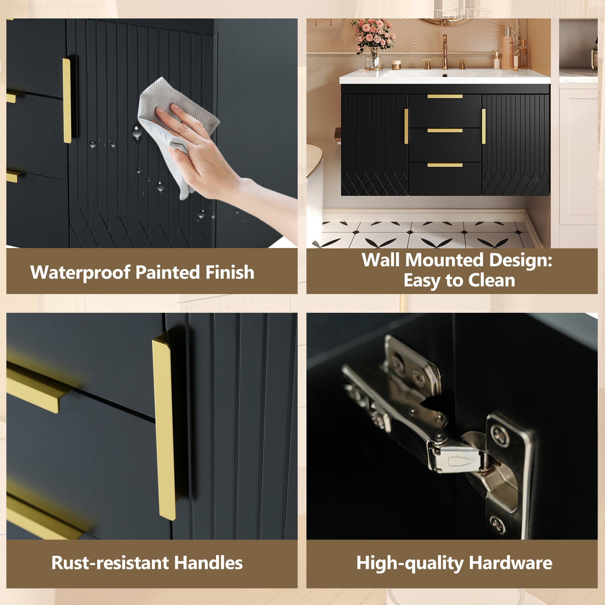 36'' Wall Mounted Bathroom Vanity With Resin Sink, Floating Bathroom Storage Cabinet With 2 Drawers, Solid Wood Bathroom Cabinet Black Bathroom Modern Mdf