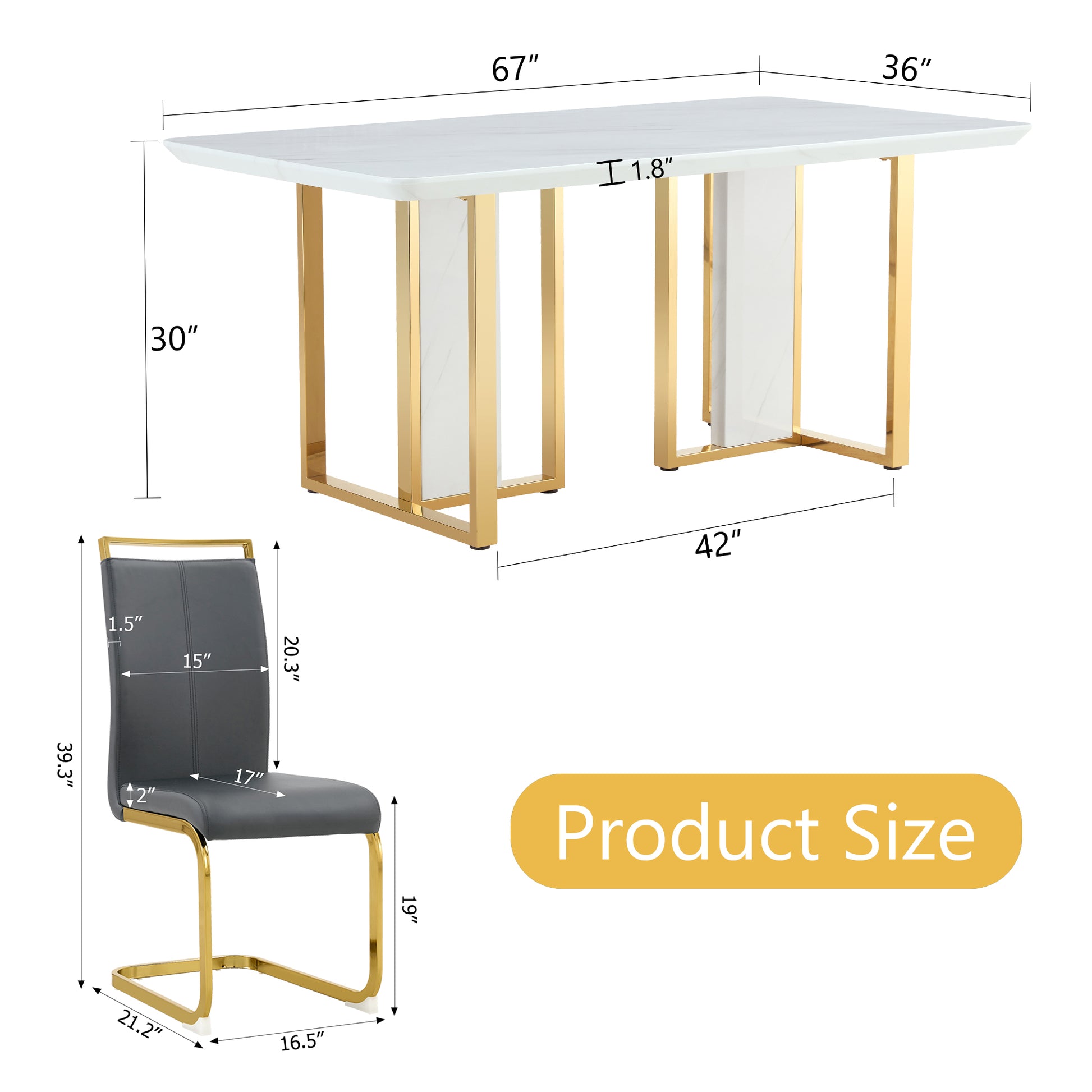 Table And Chair Set.67"X36" White Marble Pattern Mdf Dining Table Set With 6 Dark Gray Pu Chairs.Mdf Sticker,White Marble Pattern Sticker,Gold C Tube Chair Legs,Suitable For Kitchen,Dining Room,Etc.