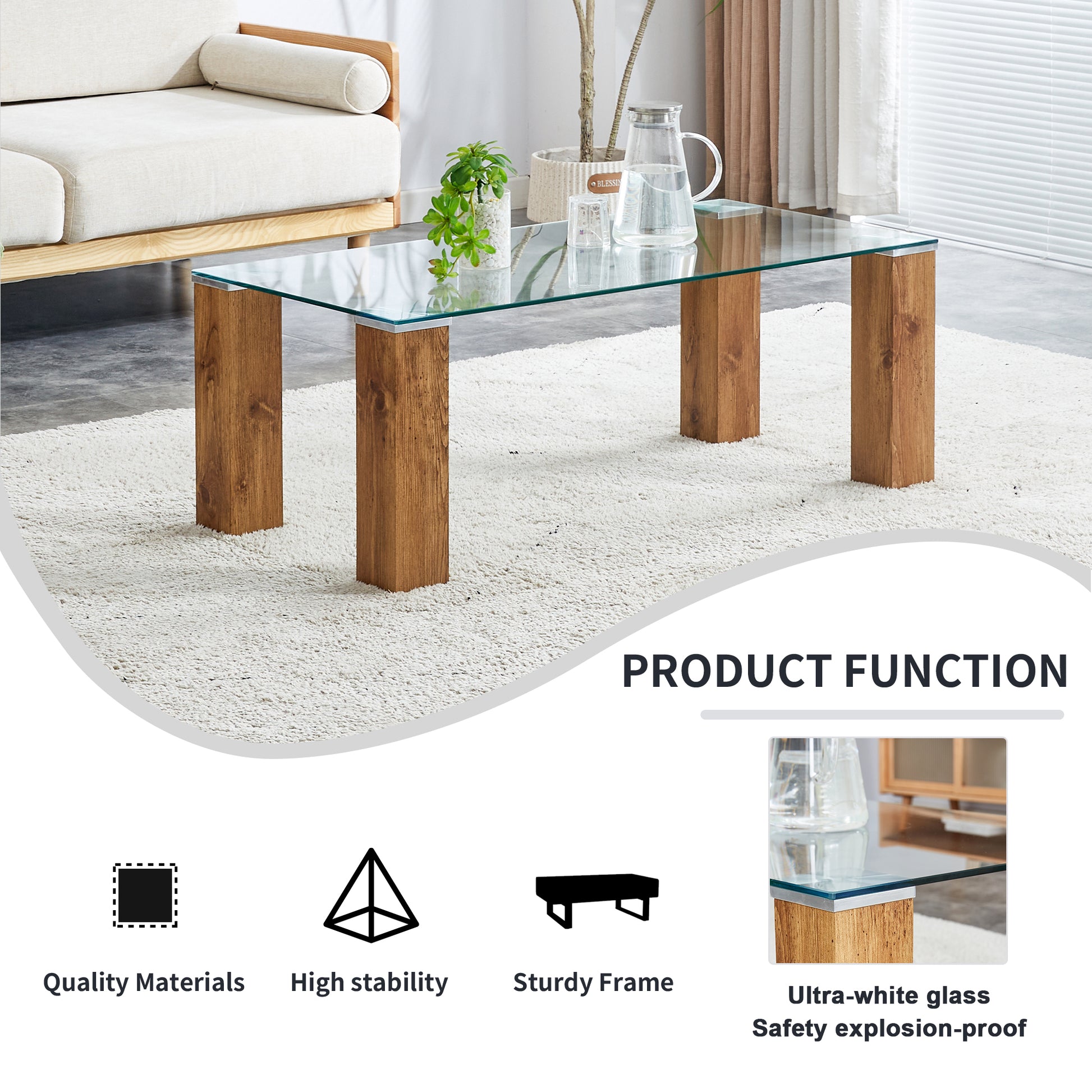 Glass Top Coffee Table,Tea Table, With Mdf Legs Stylish Blend Of Elegance And Durability 44.9"*21.7"*16.9" Transparent Wood Glass