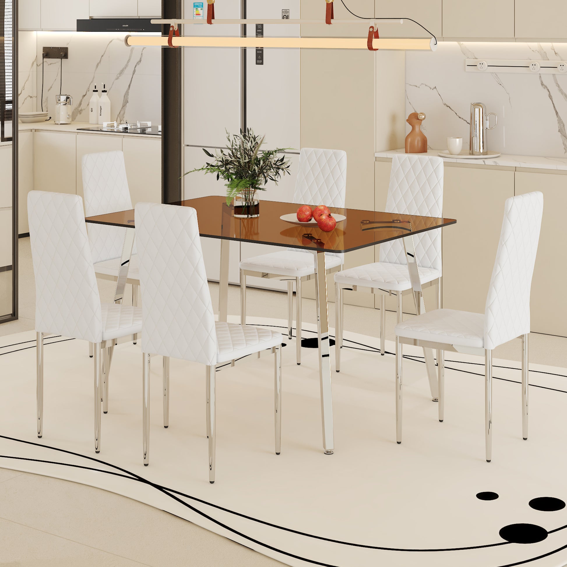 Table And Chair Set.Large Modern Rectangular Table With Brown Glass Top And Silver Metal Legs. Paired With 6 White Chairs With Checkered Armless High Back Pu Cushion And Silver Metal Legs. Silver,White Seats 6 Glass Metal