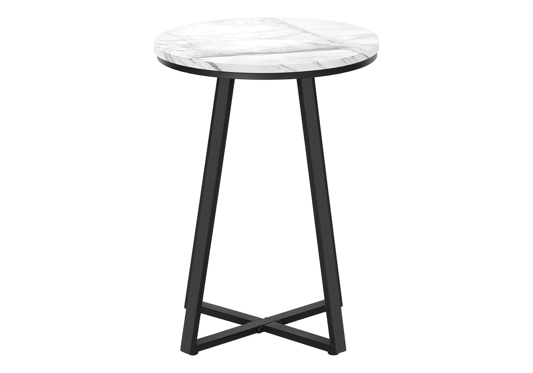 Accent Table, Side, Round, End, Nightstand, Lamp, Living Room, Bedroom, White Marble Look Laminate, Black Metal, Contemporary, Modern White Metal