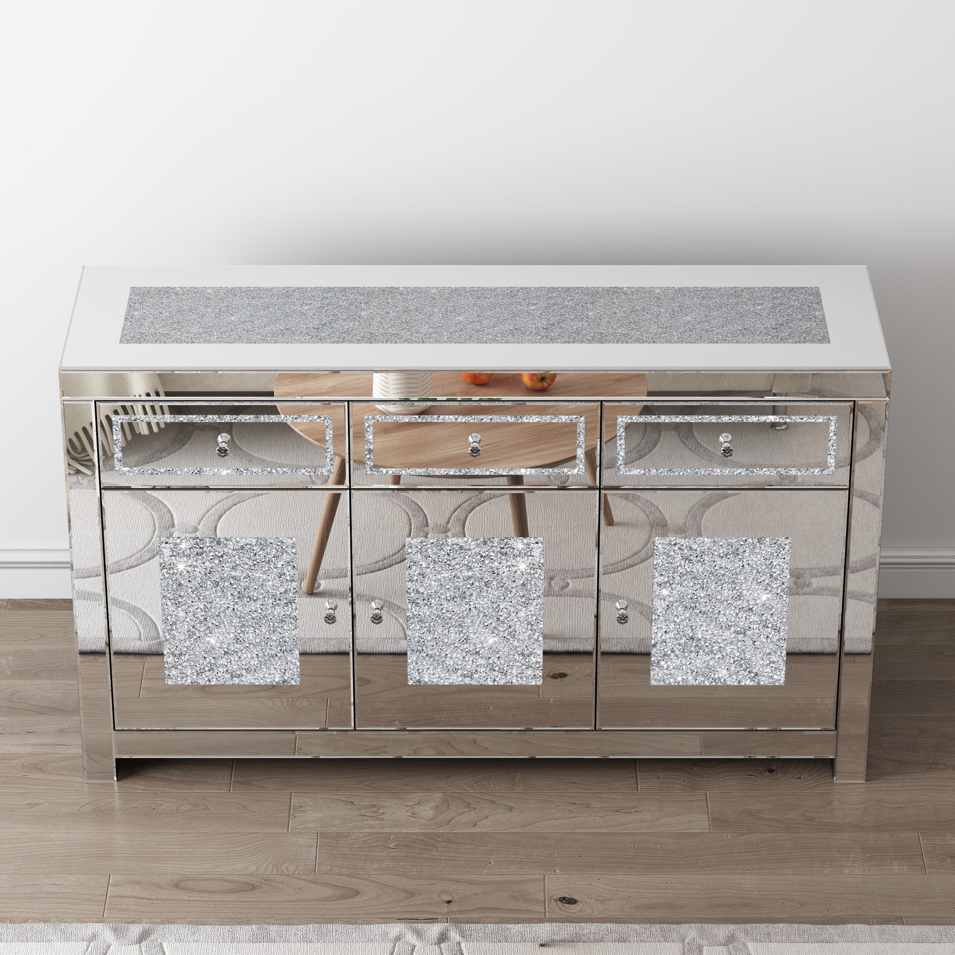 53.15'' Mirrored Glass Sideboard With 3 Drawers 3 Doors Silver Dining Room Luxury,Modern Cabinets Included Mdf Glass,Mirror