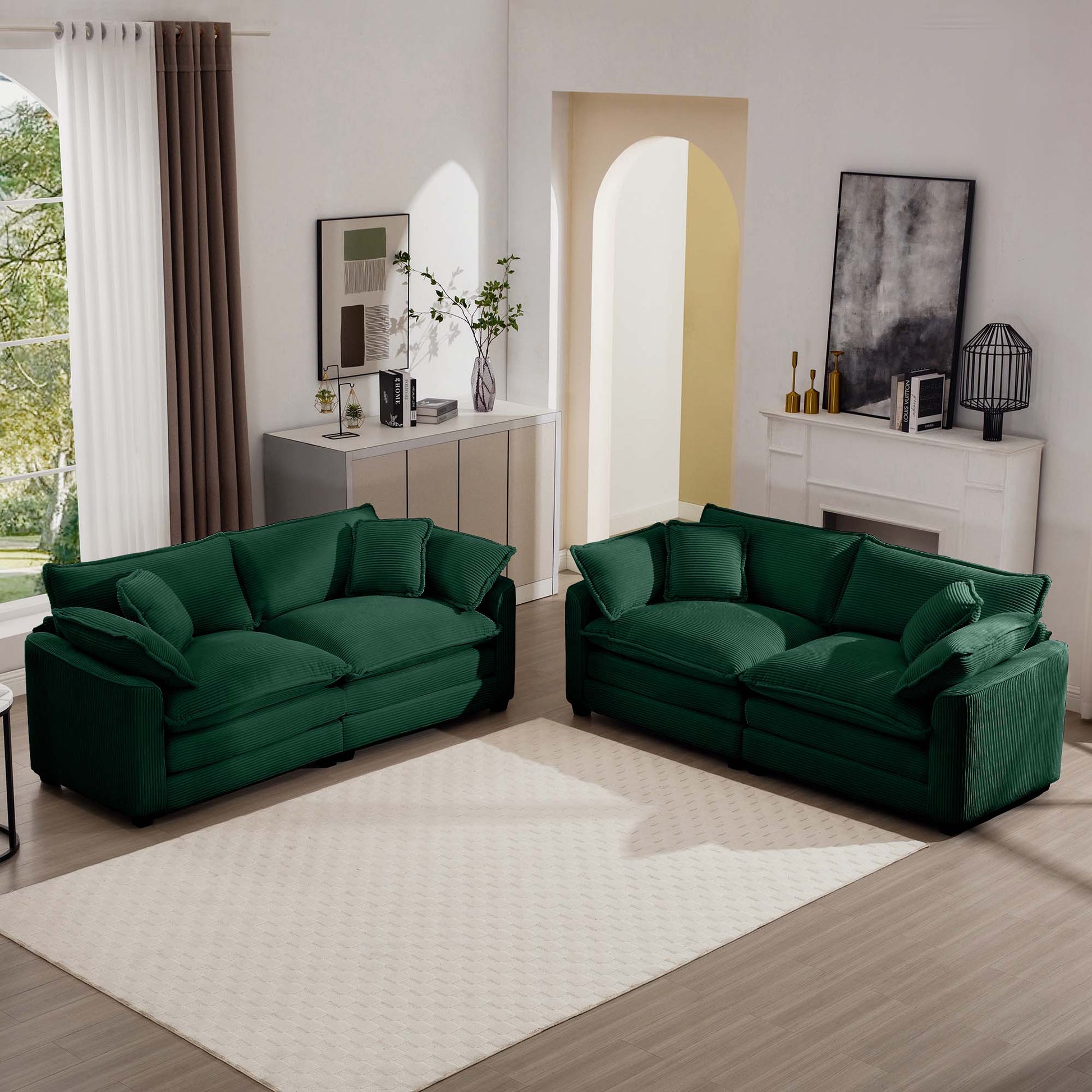 Modern Fabric Living Room Sofa Two Piece Set, Two 2 Seater Sofas With 8 Cushion Upholstery Large Deep Seat Recliner, Green Corduroy Fabric Green Corduroy 4 Seat
