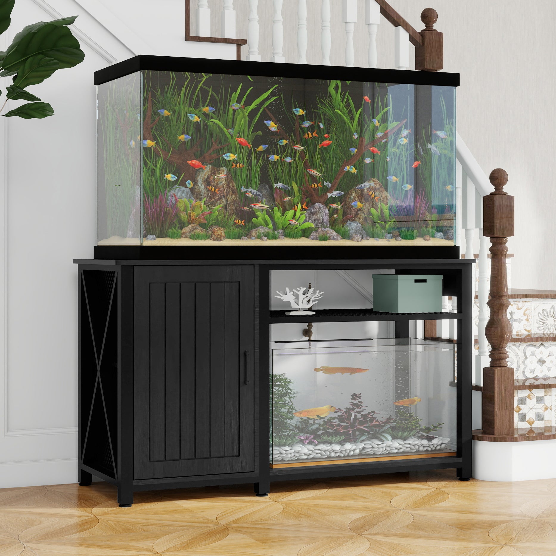 Heavy Duty 55 75 Gallon Aquarium Stand With Power Outlets, Cabinet For Fish Tank Accessories Storage Metal Fish Tank Stand Suitable For Fish Tank, Turtle Tank, 880Lbs Capacity, Black 1 2 Shelves Black Adjustable Shelves Particle Board