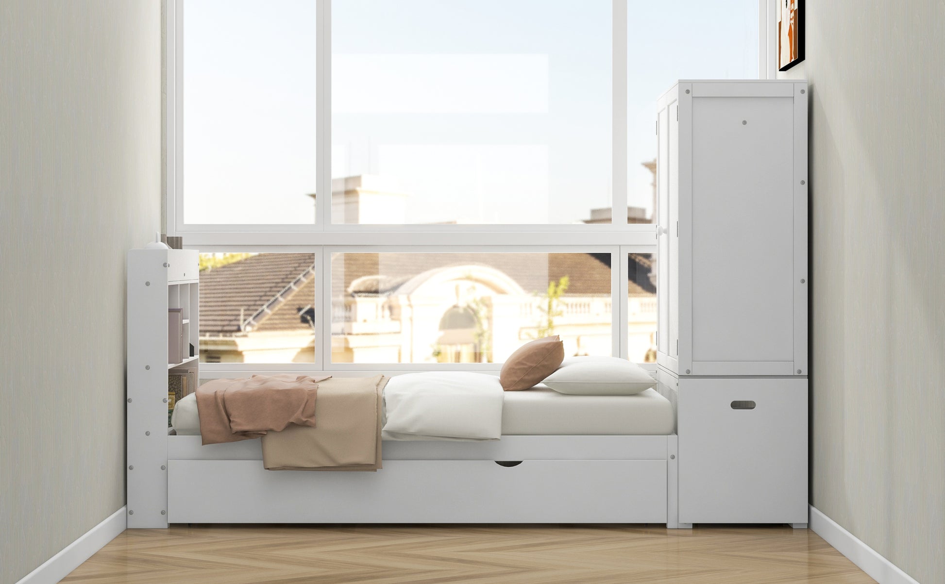 Twin Size Platform Bed With Storage Headboard And Footboard, Pull Out Shelves And Twin Size Trundle, White Box Spring Not Required Twin White Wood Bedroom Bed Frame Solid Wood Mdf