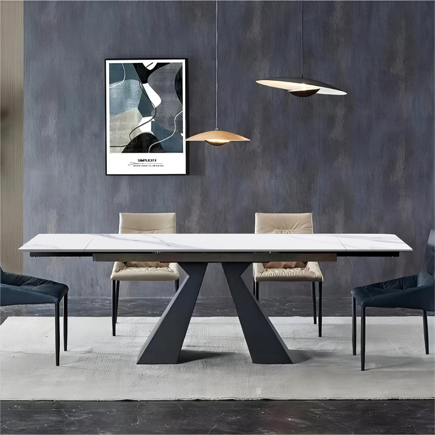 Modern Extendable Dining Table, Maximum Expanded 79", Antique White Sintered Stone Tabletop Dining Table With Black Carbon Steel Base, Rectangular Dining Room Table For 6 8 Matte White Freestanding Rectangular Carbon Steel Sintered Stone