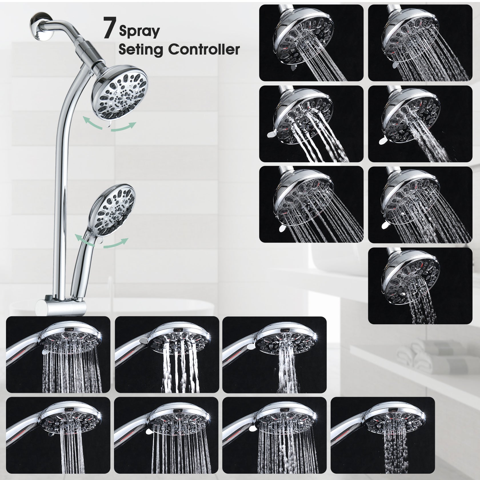 5" Chrome Rain Showerhead With Handheld Shower, 7 Spray Modes, Stainless Steel Slide Bar Chrome Stainless Steel