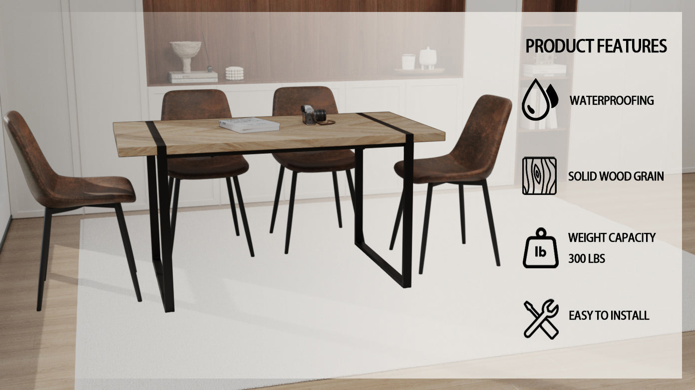 Mdf Light Wood Dining Table And Modern Dining Chair 4 Piece Set, Medieval Wooden Kitchen Dining Table Set, Rectangular Metal Base, Dining Table And Suede Chair Wood Mdf