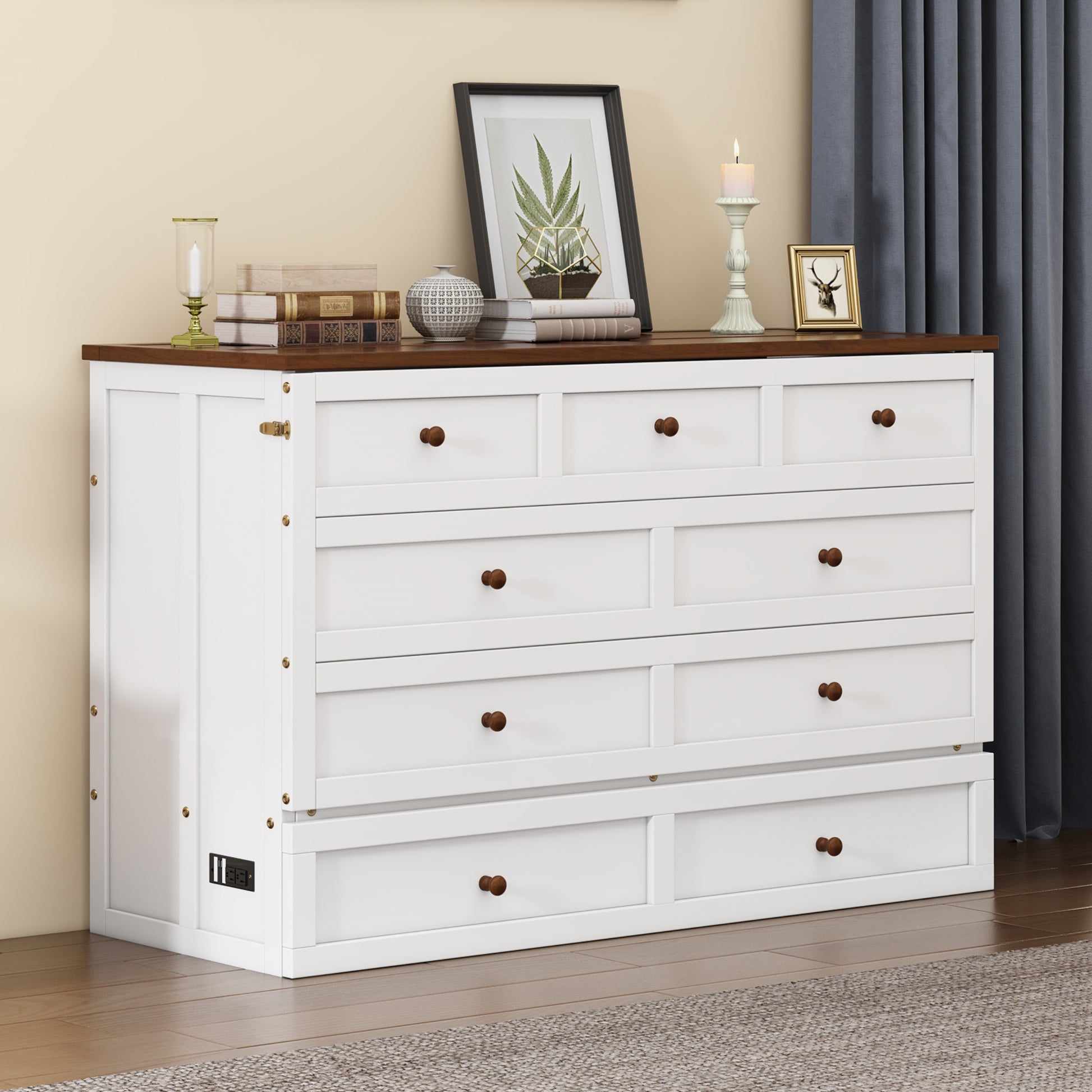 Solid Pine Murphy Bed Chest With Charging Station And Large Storage Drawer For Home Office Or Small Roomqueen, White Walnut Queen White Walnut Wood