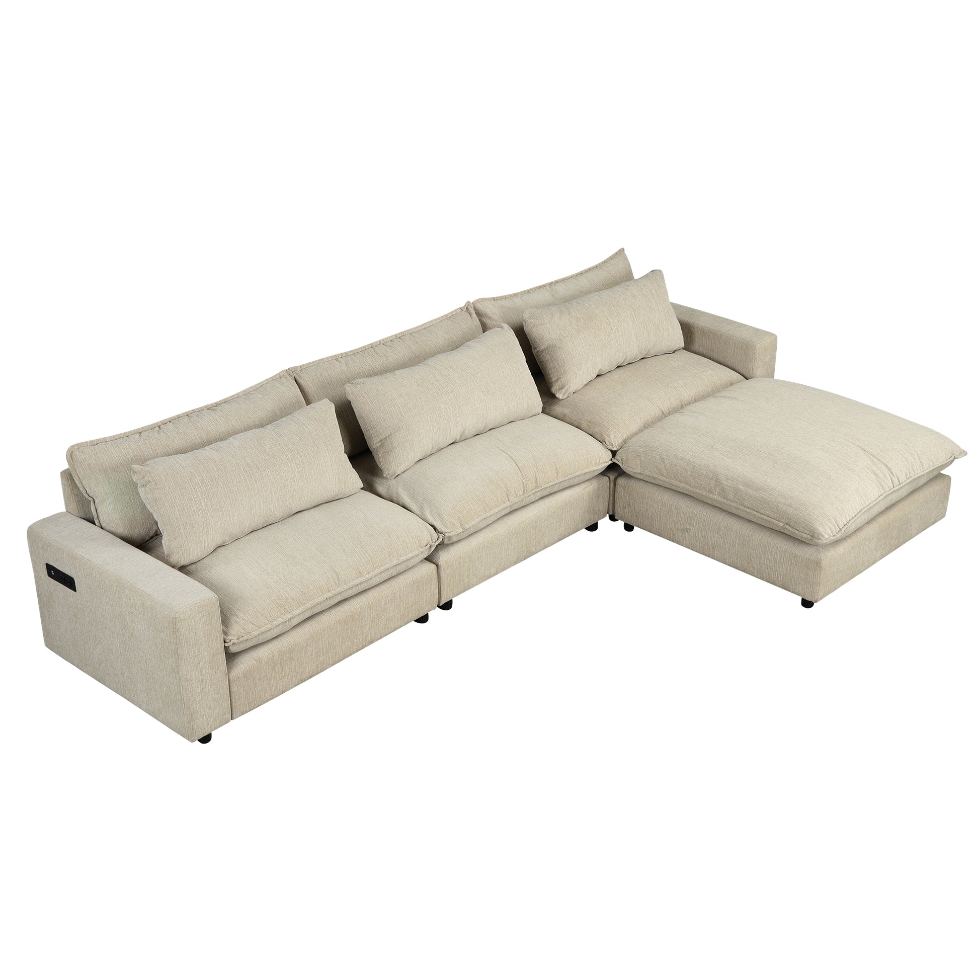 128" Sectional Sofa Cloud Sofa Chenille Upholstered Sofa Couch With Movable Ottoman, Comfortable Seat Cushions, Charging Ports And Three Back Pillows For Living Room, Beige Beige Foam Chenille 4 Seat