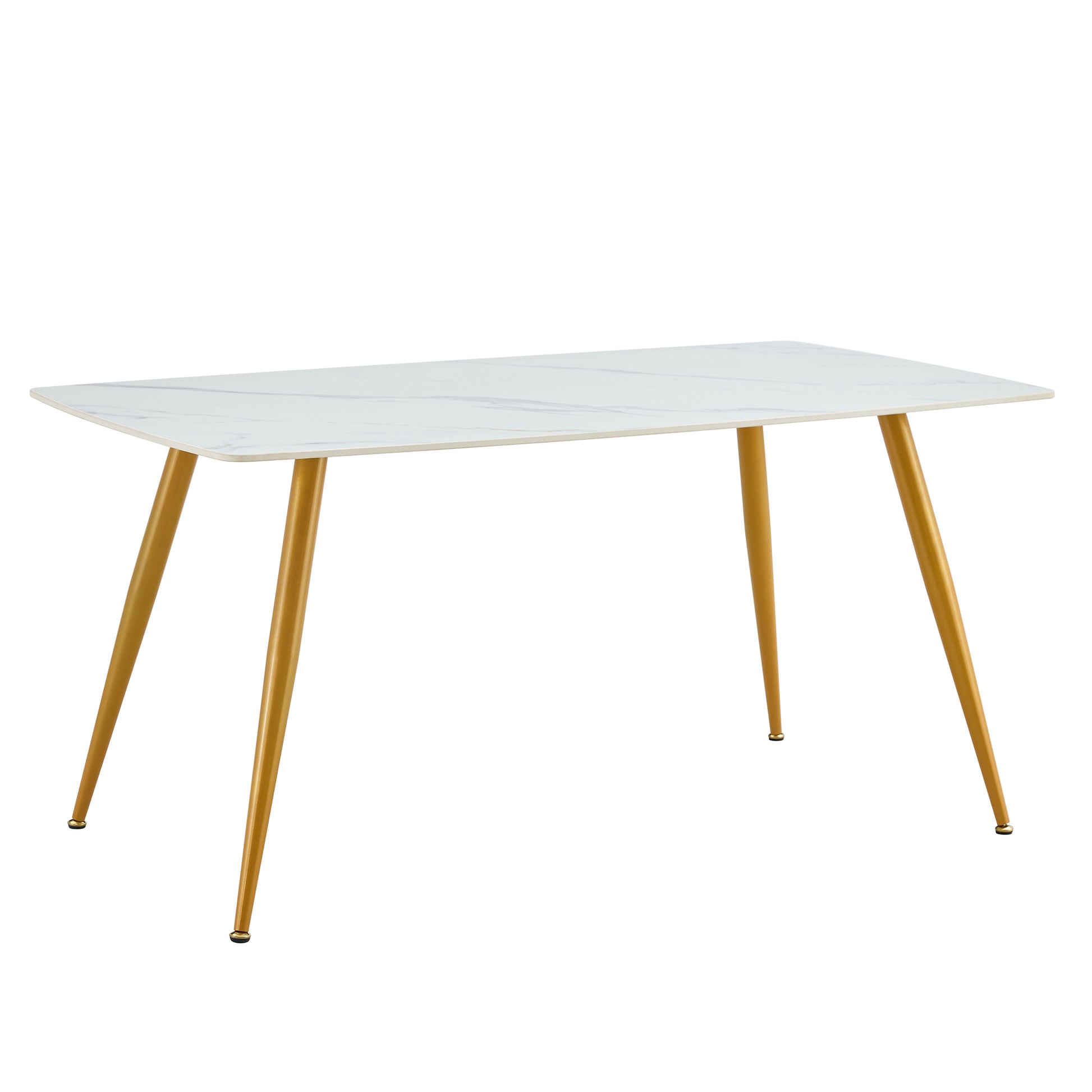 Modern Minimalist Dining Table. White Imitation Marble Pattern Sintered Stone Desktop With Golden Metal Legs.62"*34.6"*29.9" F 001 Gold Sintered Stone